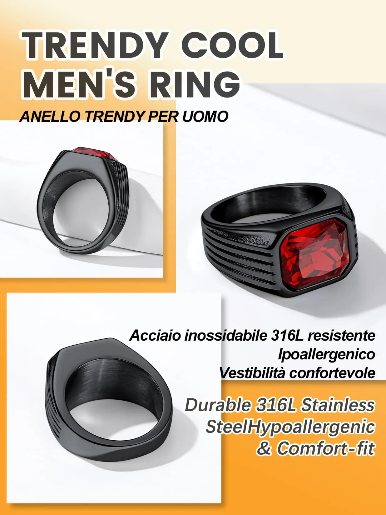 Bestyle Anello in Acciaio Inossidabile Nero con Pietra Rubino, Misura 17 (57mm) - immagine 6