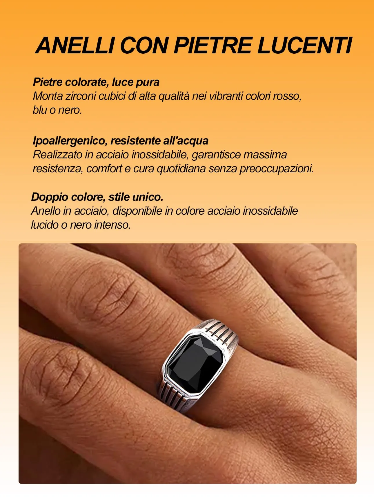 Bestyle Anello in Acciaio Inossidabile per Uomo con Pietra Onice Nero, Argento, Misura 17 (57mm) - immagine 4
