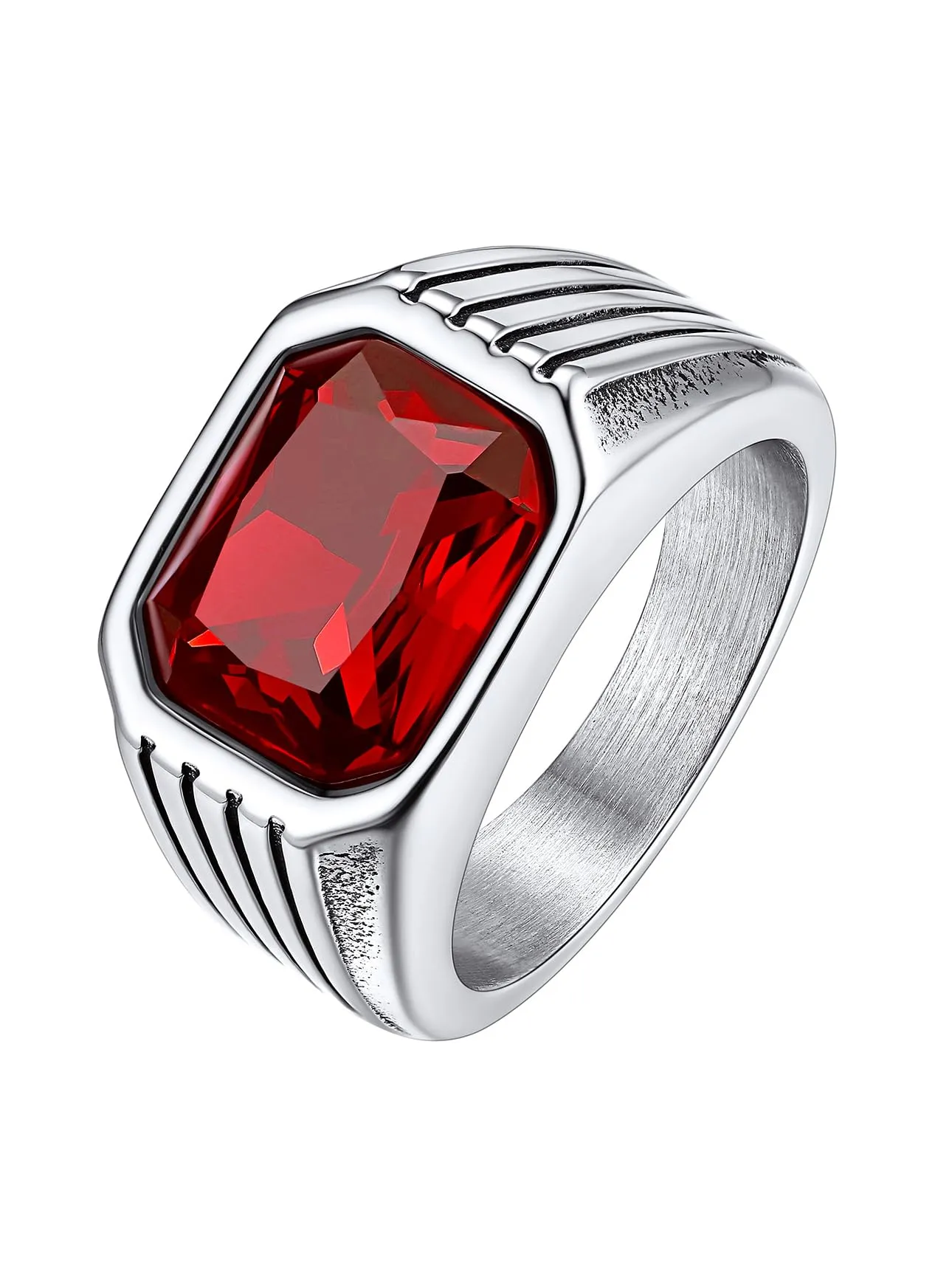 Bestyle Anello in Acciaio Inossidabile Uomo Argento con Pietra Rubino, Misura IT 17 (57mm) - immagine 1