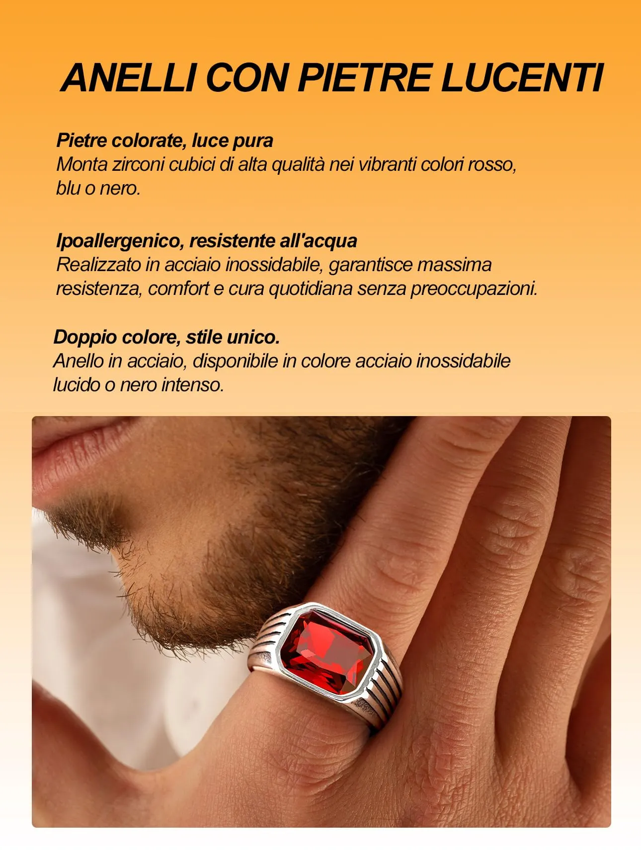 Bestyle Anello in Acciaio Inossidabile Uomo Argento con Pietra Rubino, Misura IT 17 (57mm) - immagine 6