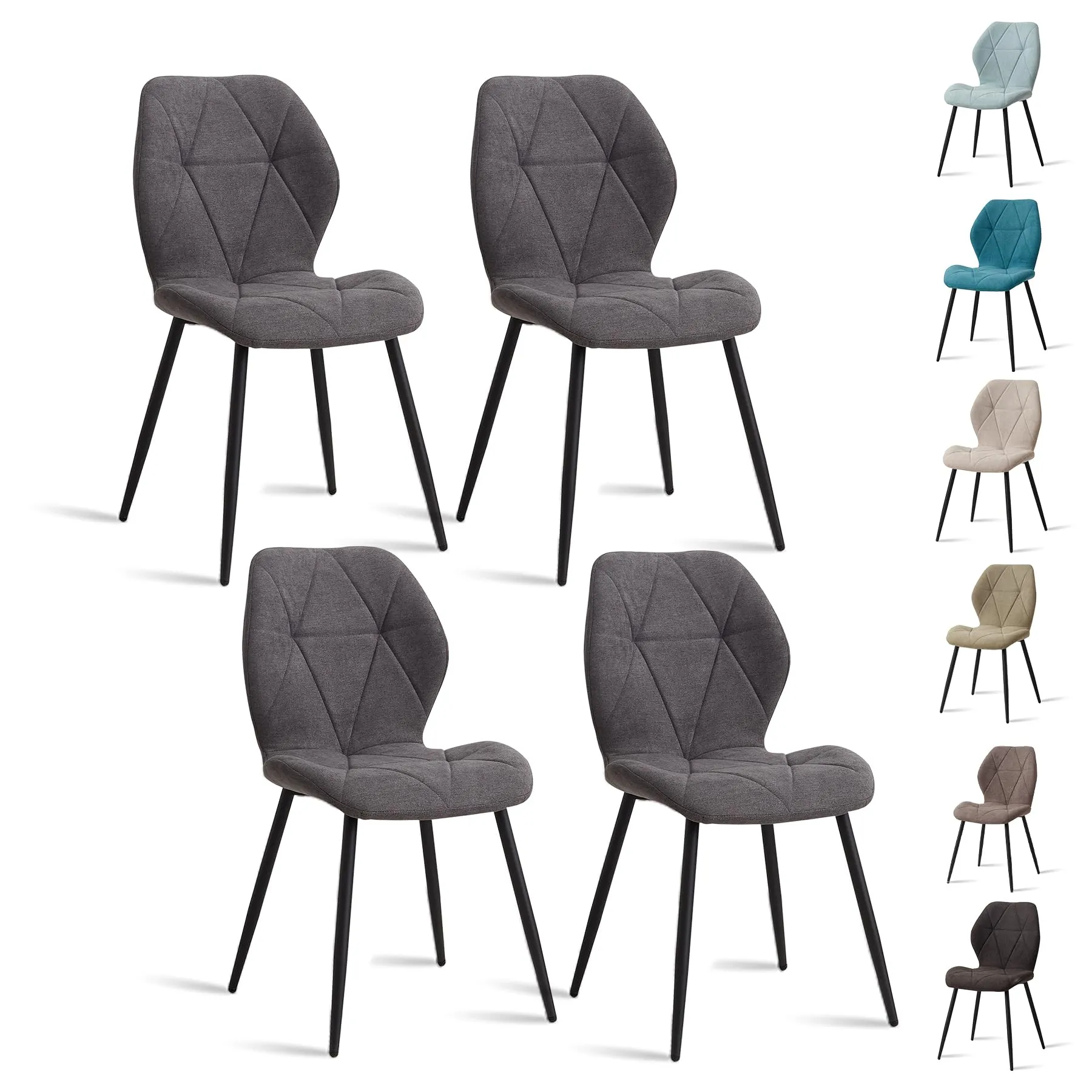 GrandCA HOME Set di 4 Sedie da Pranzo Imbottite in Tessuto a Rombi con Gambe in Metallo, Grigio Scuro-R - immagine 1