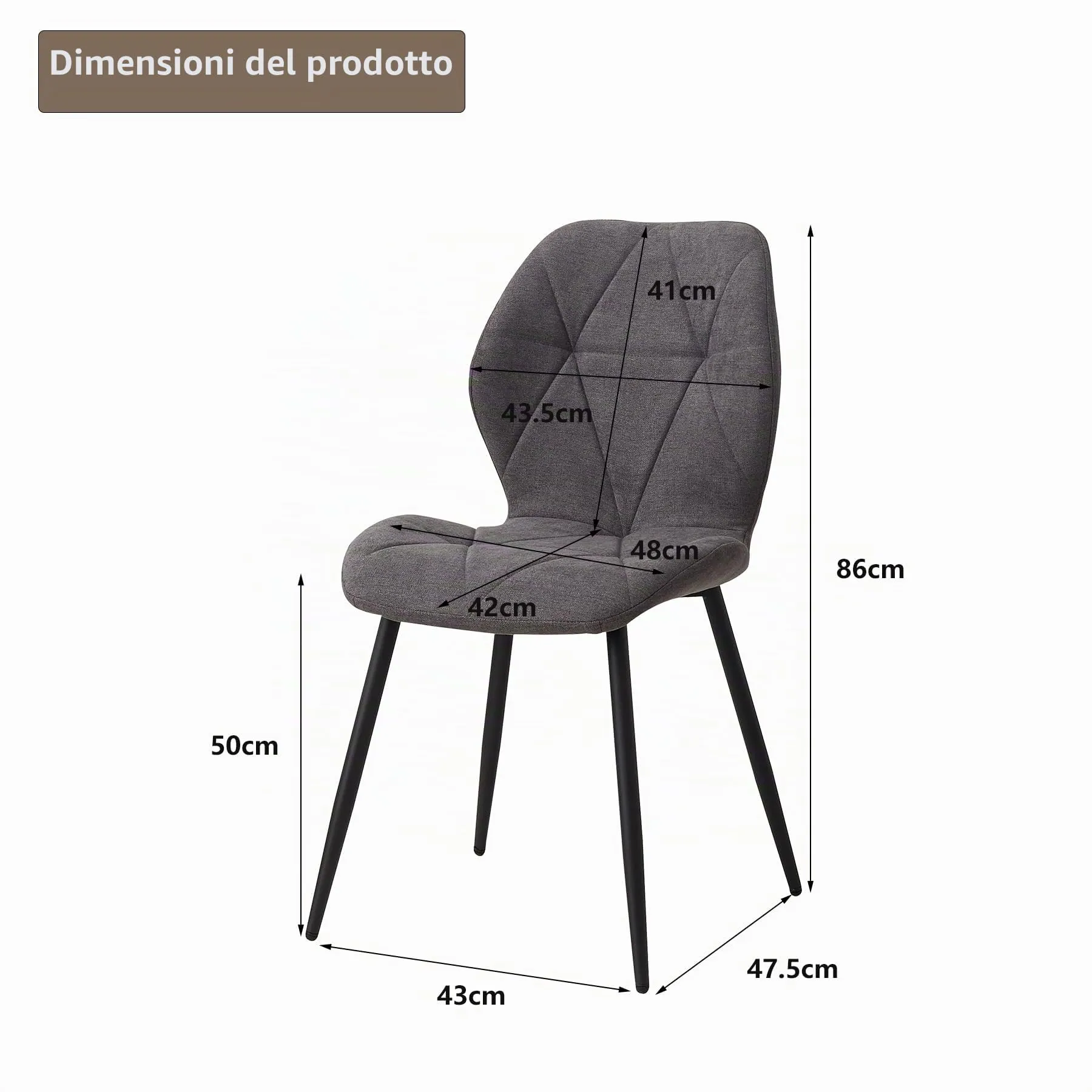 GrandCA HOME Set di 4 Sedie da Pranzo Imbottite in Tessuto a Rombi con Gambe in Metallo, Grigio Scuro-R - immagine 3