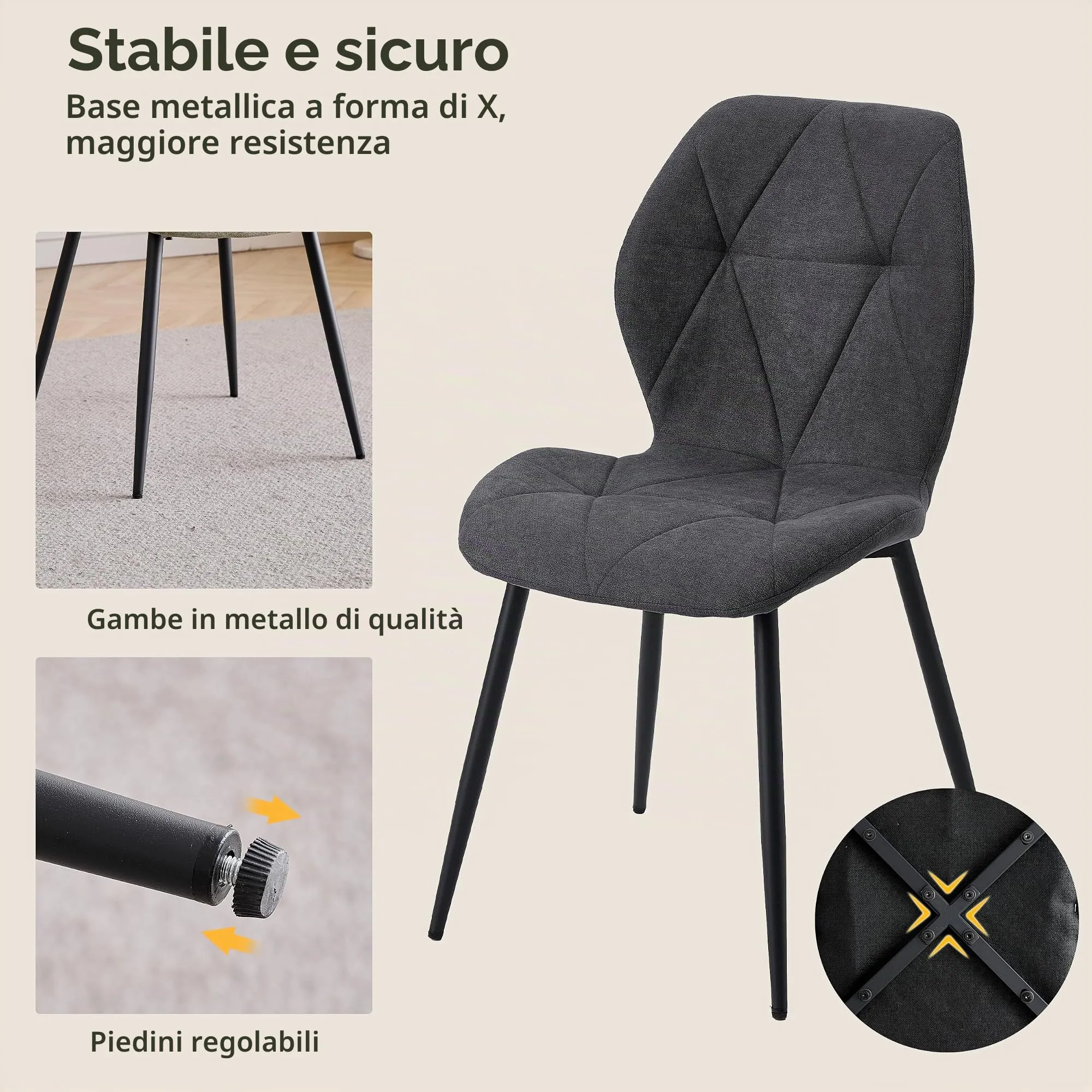 GrandCA HOME Set di 4 Sedie da Pranzo Imbottite in Tessuto a Rombi con Gambe in Metallo, Grigio Scuro-R - immagine 5