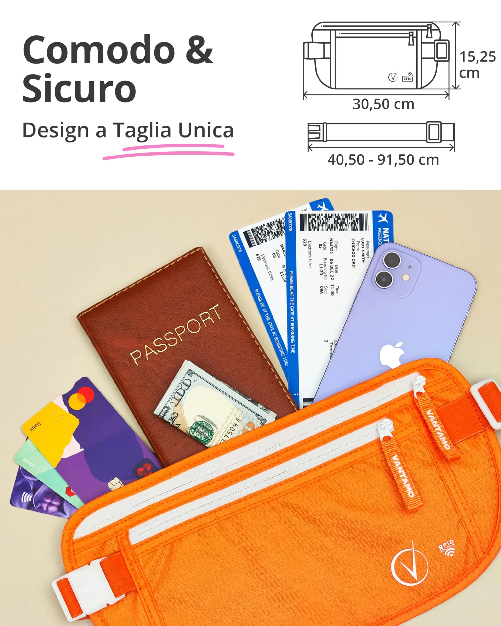 Vantamo Cintura Portasoldi da Viaggio con Protezione RFID per Passaporto e Telefono - immagine 4