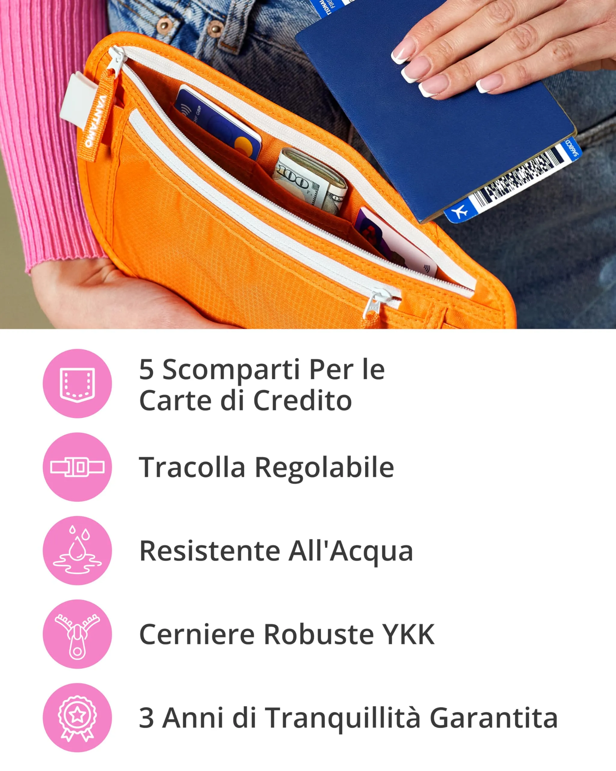 Vantamo Cintura Portasoldi da Viaggio con Protezione RFID per Passaporto e Telefono - immagine 5