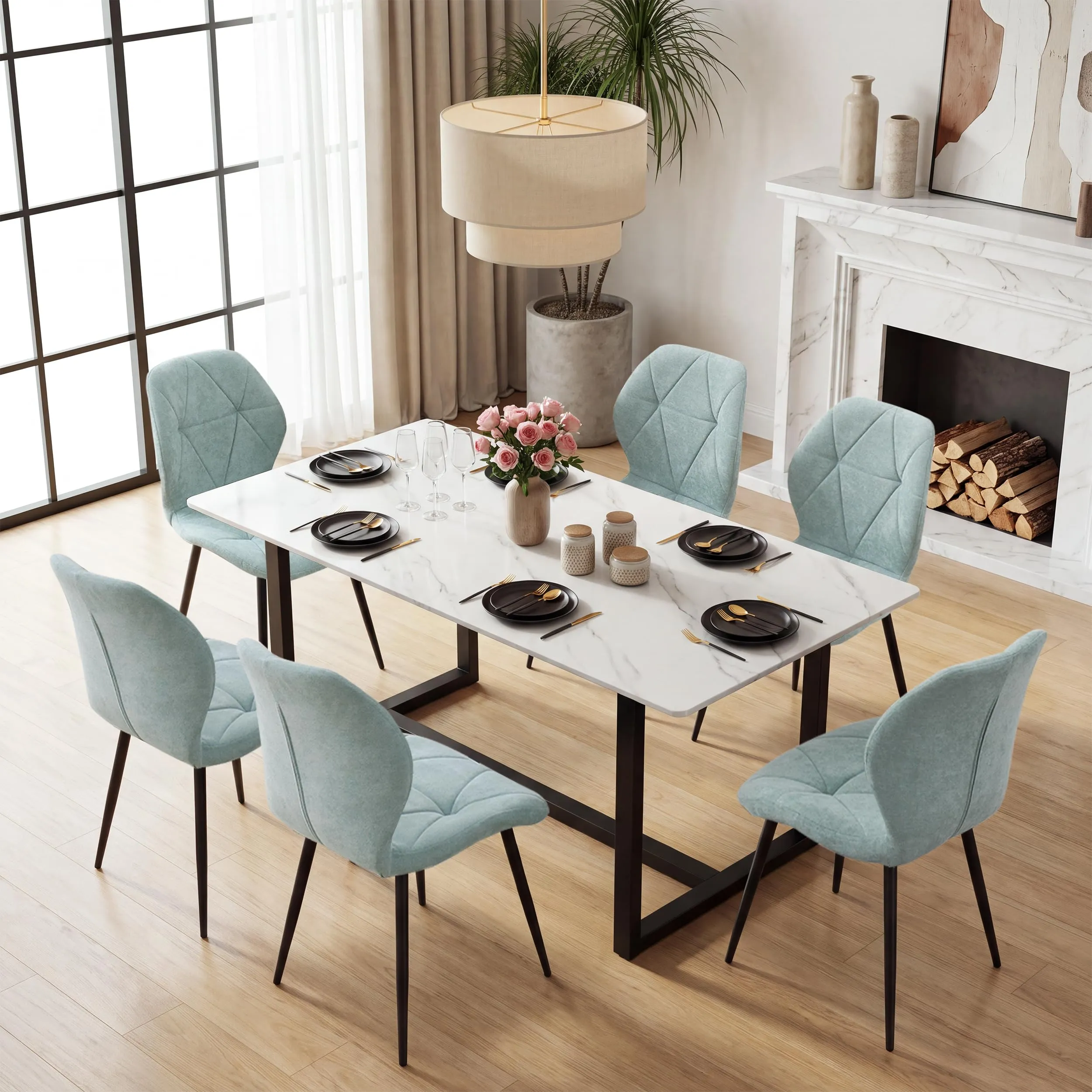 GrandCA HOME Set di 4 Sedie da Pranzo Imbottite in Tessuto a Rombi, Gambe in Metallo, Menta Verde-R - immagine 3