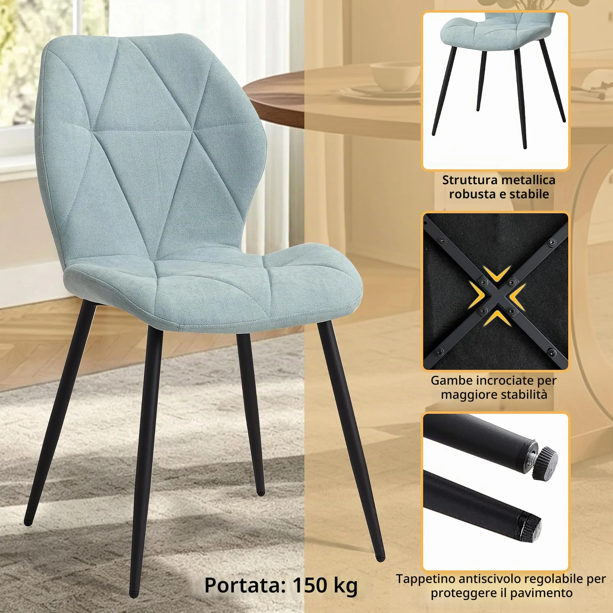 GrandCA HOME Set di 4 Sedie da Pranzo Imbottite in Tessuto a Rombi, Gambe in Metallo, Menta Verde-R - immagine 5