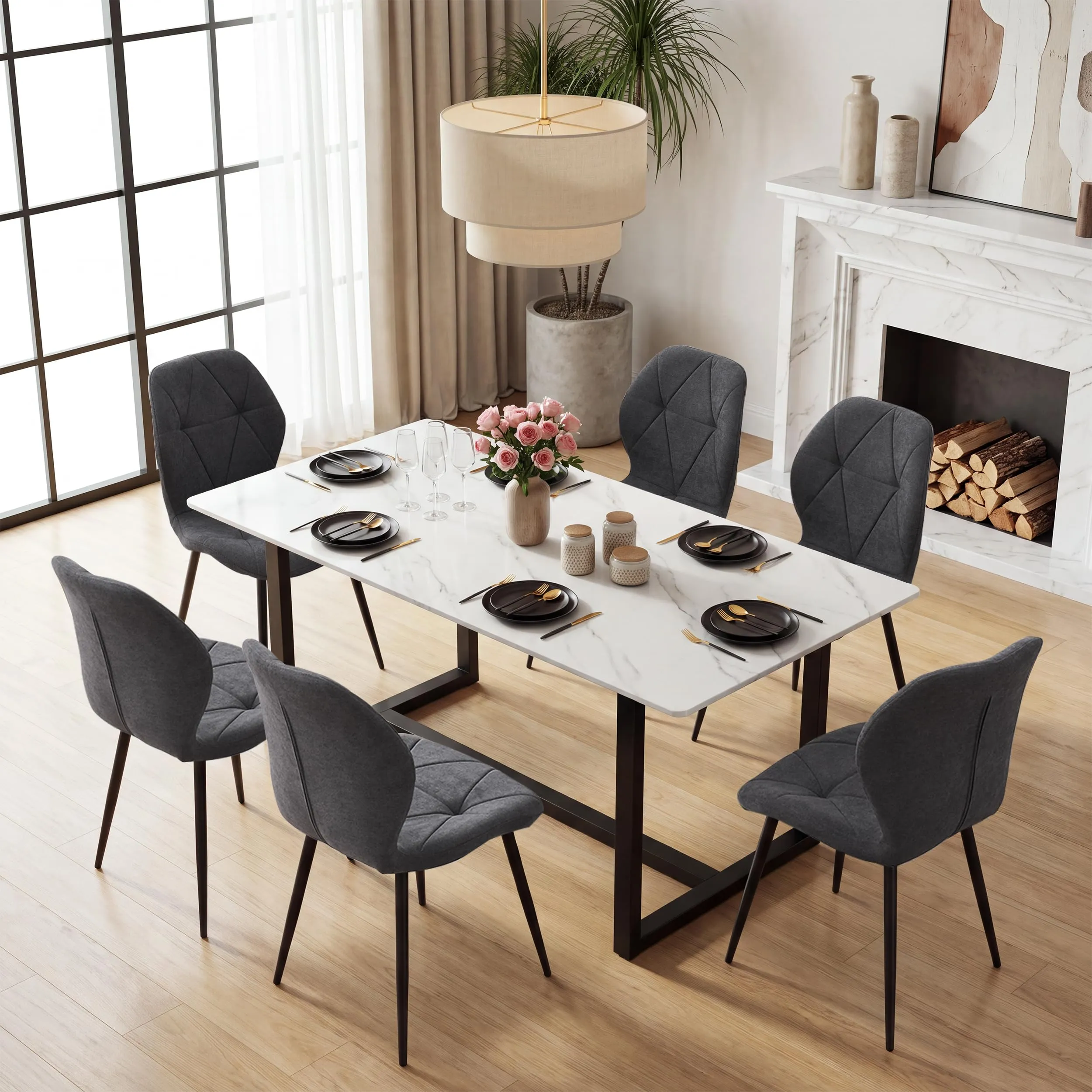 GrandCA HOME Set di 8 Sedie da Pranzo Imbottite in Tessuto a Rombi, Gambe in Metallo, Grigio Scuro-R - immagine 2