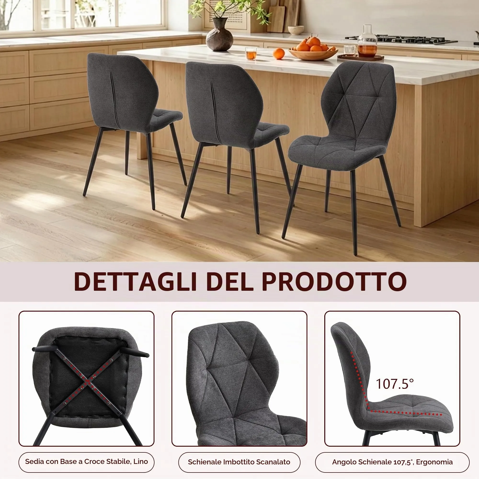 GrandCA HOME Set di 8 Sedie da Pranzo Imbottite in Tessuto a Rombi, Gambe in Metallo, Grigio Scuro-R - immagine 9