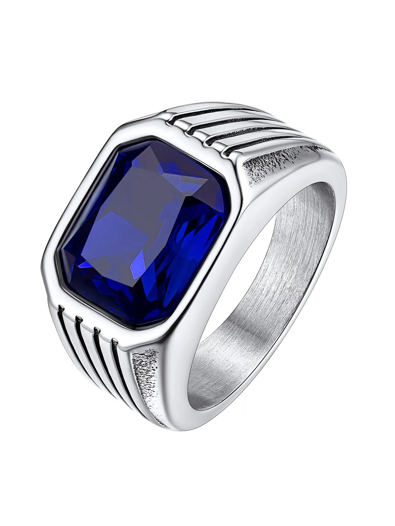 Bestyle Anello in Acciaio Inossidabile Uomo Argento con Pietra Zaffiro, Misura 19.75 (59.5mm) - immagine 1