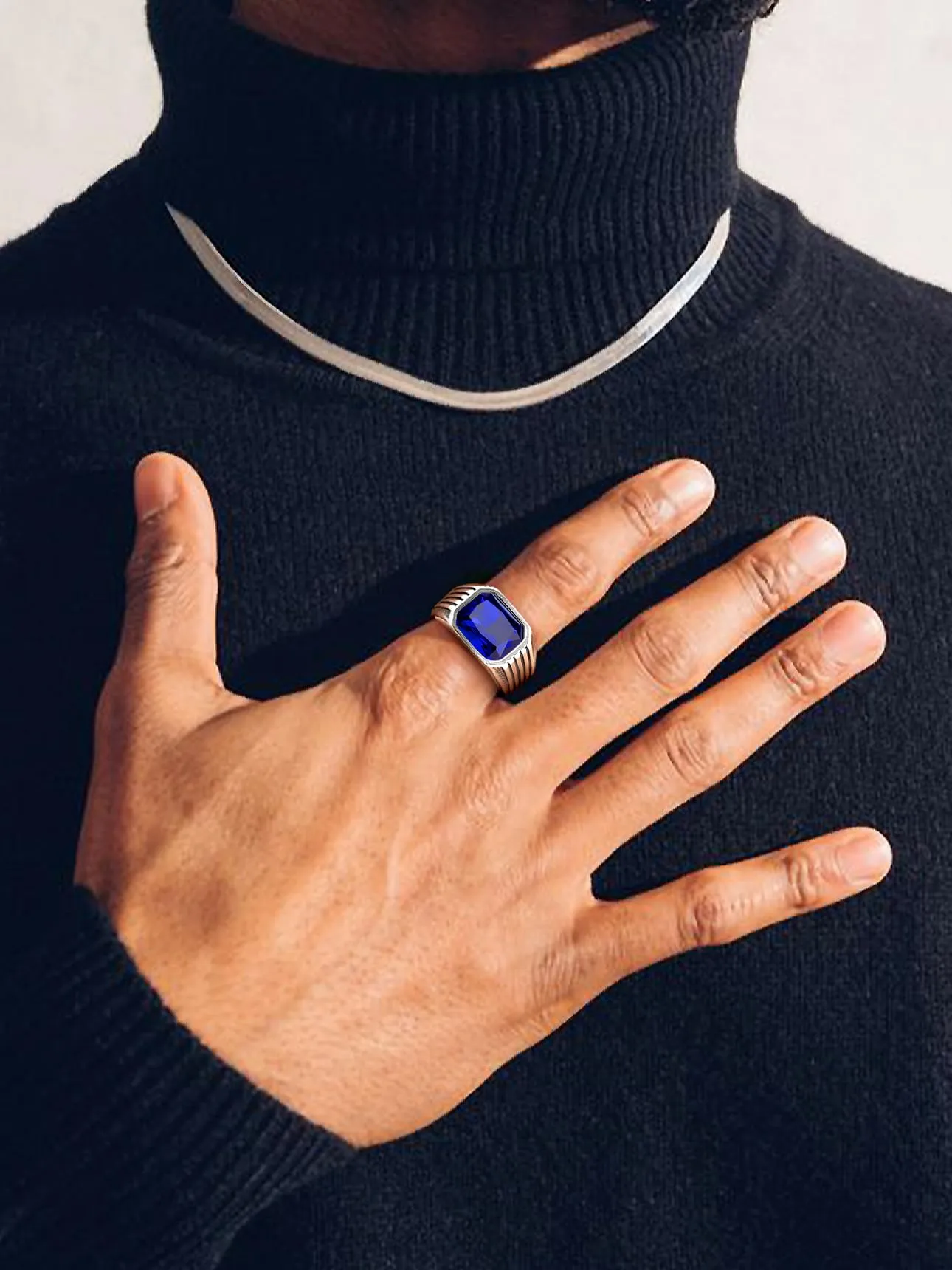 Bestyle Anello in Acciaio Inossidabile Uomo Argento con Pietra Zaffiro, Misura 19.75 (59.5mm) - immagine 5