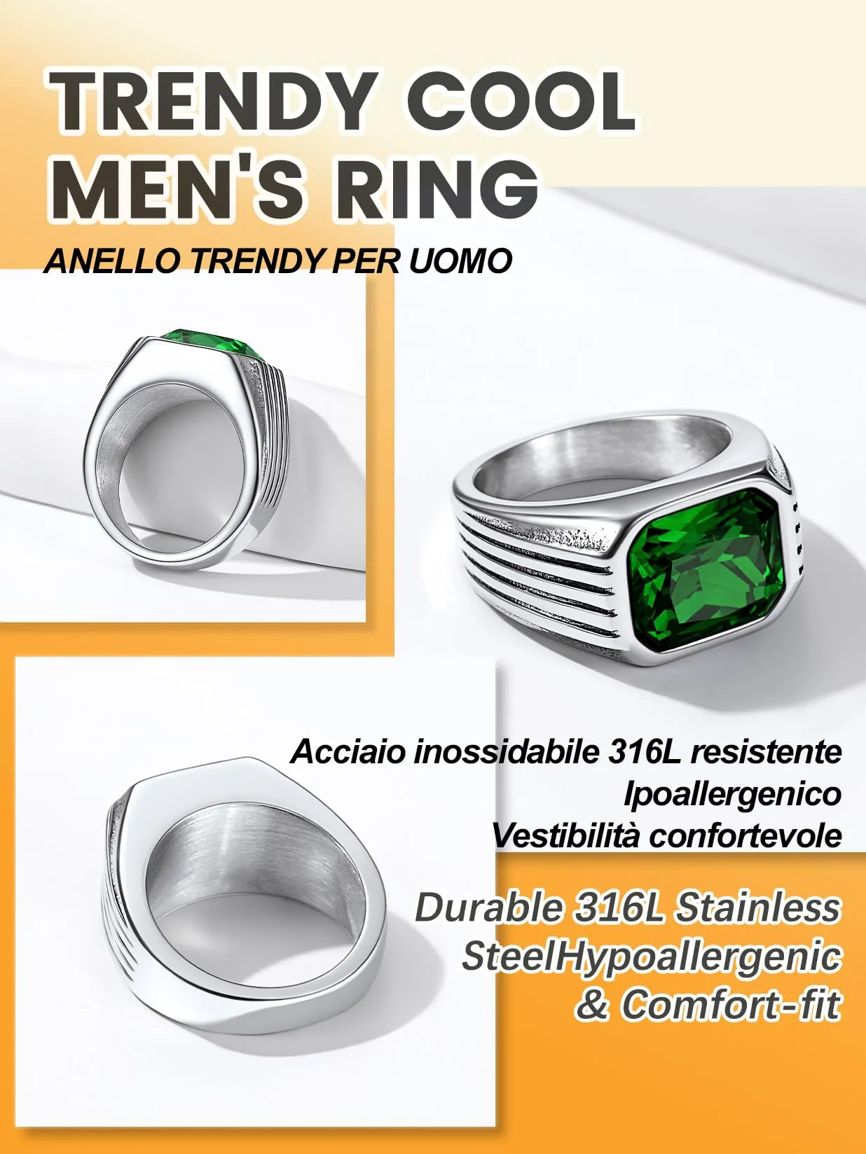 Bestyle Anello in Acciaio Inossidabile per Uomo Argento con Pietra Smeraldo, Misura IT 19.75 (Circonferenza 59.5mm) - immagine 6