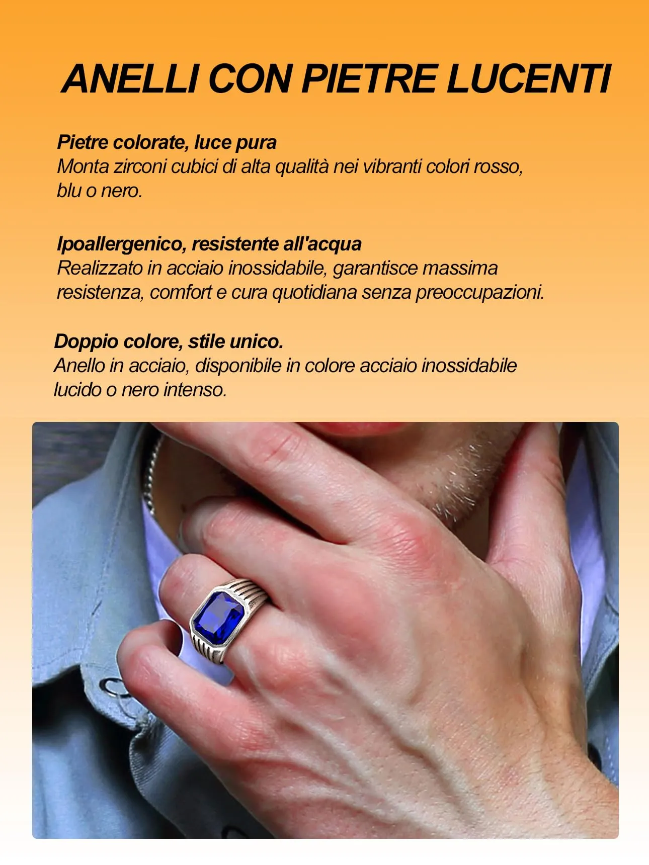 Bestyle Anello in Acciaio Inossidabile Uomo Argento con Pietra Zaffiro, Misura 17 (57mm) - immagine 7