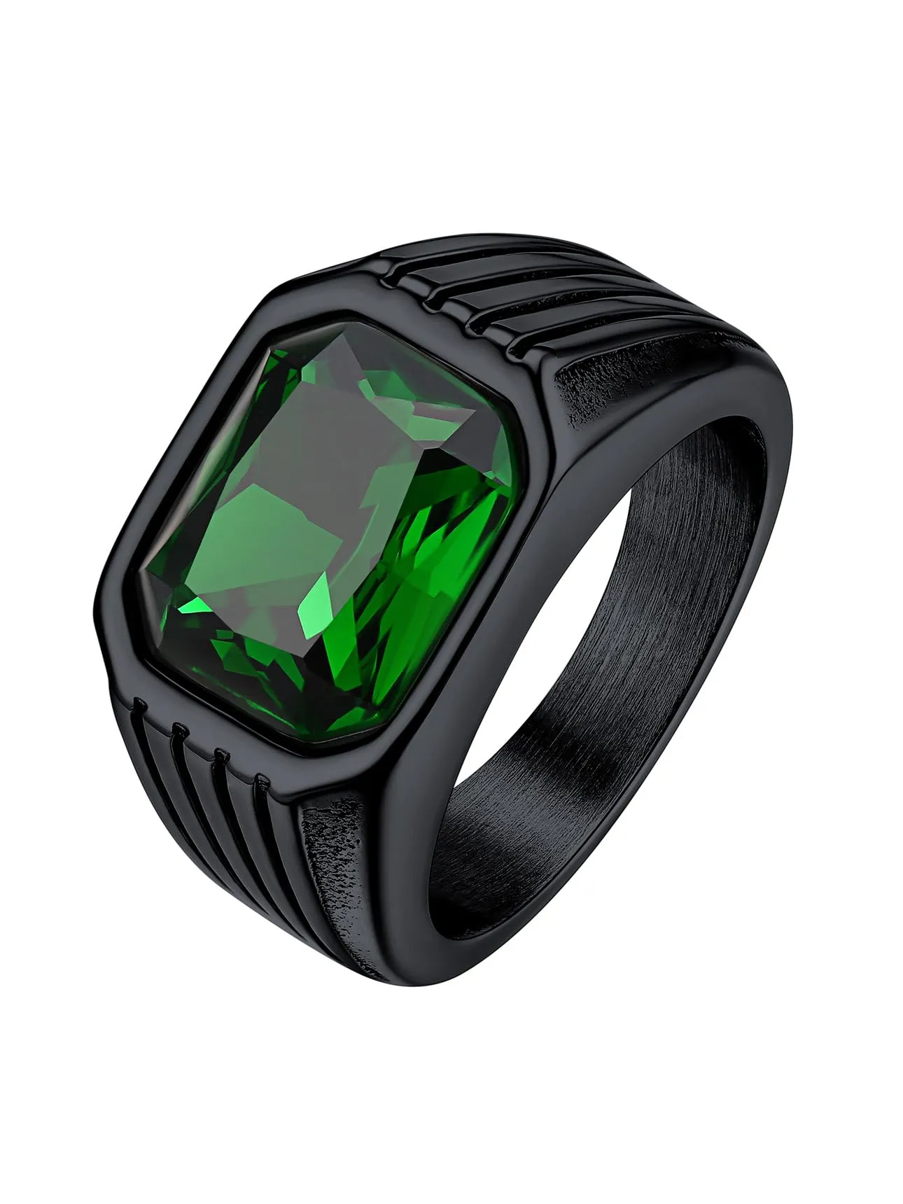 Bestyle Anello in Acciaio Inossidabile Uomo Nero con Pietra Smeraldo, Misura IT 14.5 (Circonferenza 54.4mm) - immagine 1