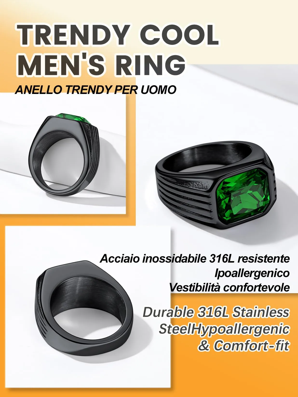 Bestyle Anello in Acciaio Inossidabile Uomo Nero con Pietra Smeraldo, Misura IT 14.5 (Circonferenza 54.4mm) - immagine 3