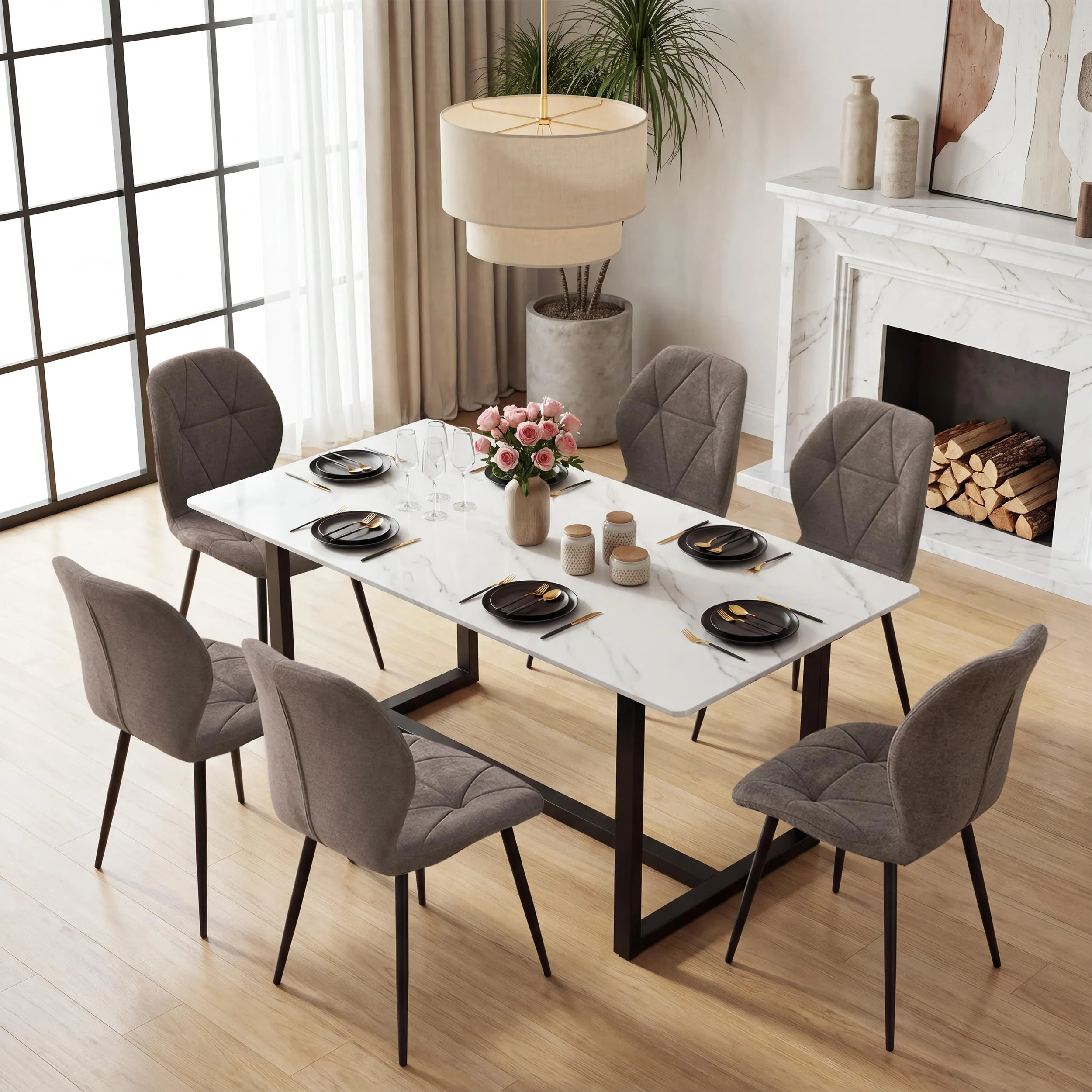 GrandCA HOME Set di 8 Sedie da Pranzo Imbottite in Tessuto a Rombi con Gambe in Metallo, Marrone-R - immagine 2