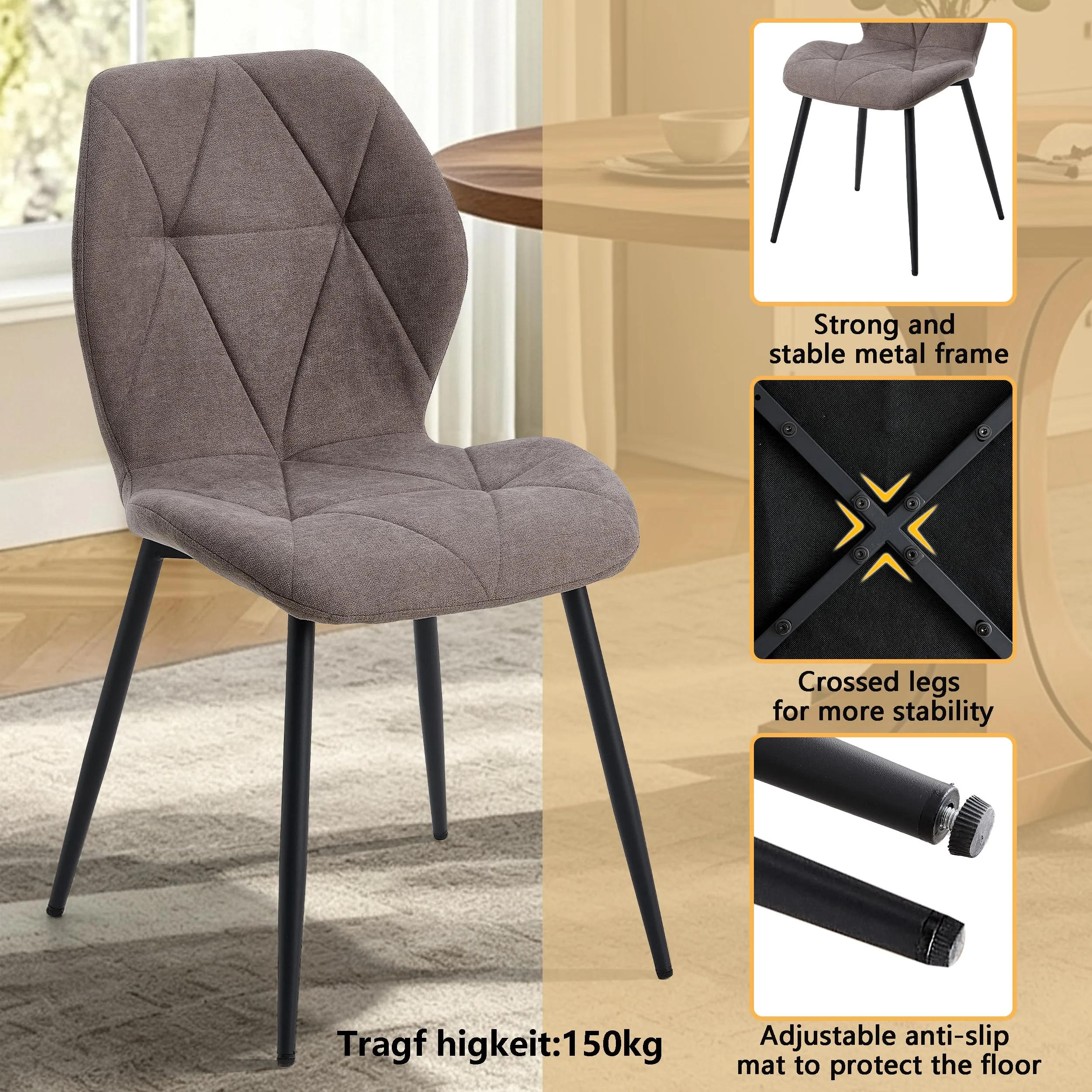 GrandCA HOME Set di 8 Sedie da Pranzo Imbottite in Tessuto a Rombi con Gambe in Metallo, Marrone-R - immagine 6