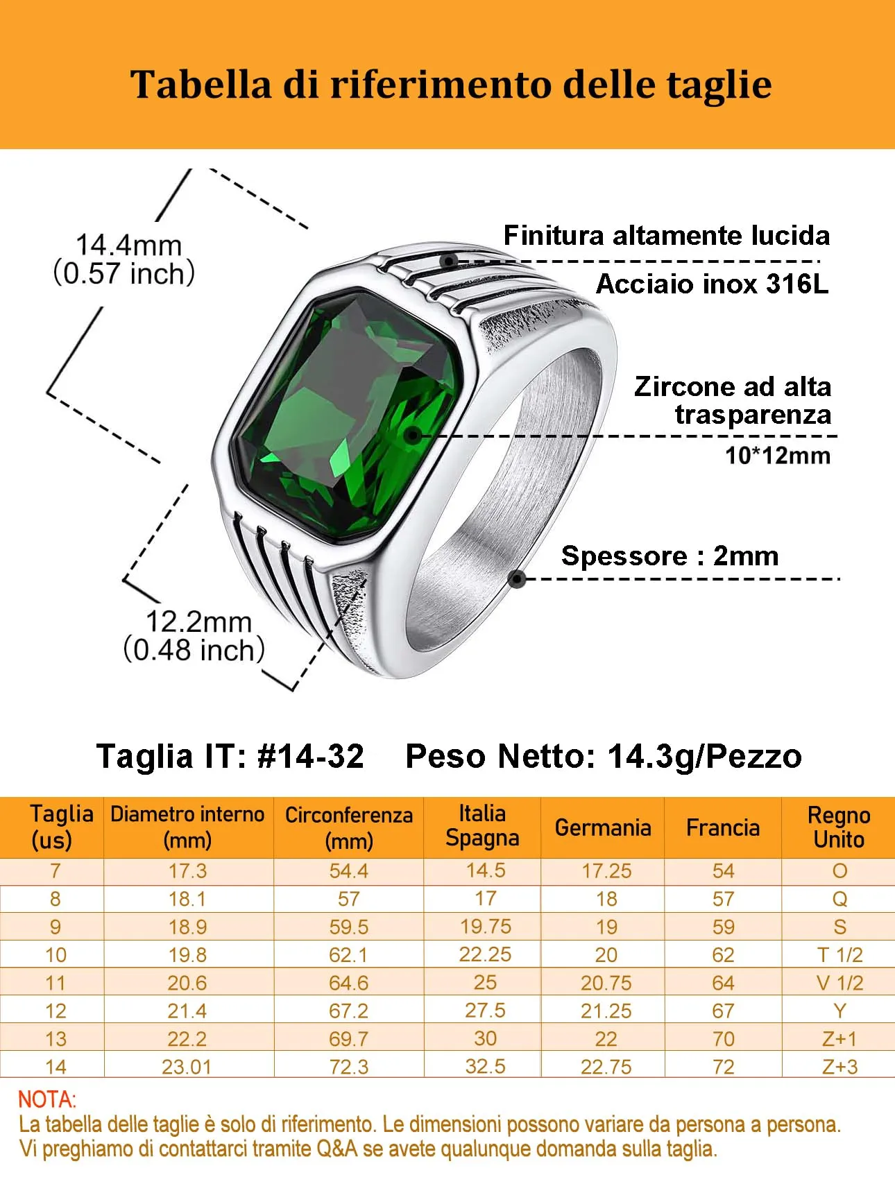 Bestyle Anello in Acciaio Inossidabile Uomo Argento con Pietra Smeraldo, Misura 27.5 (67.2mm) - immagine 3