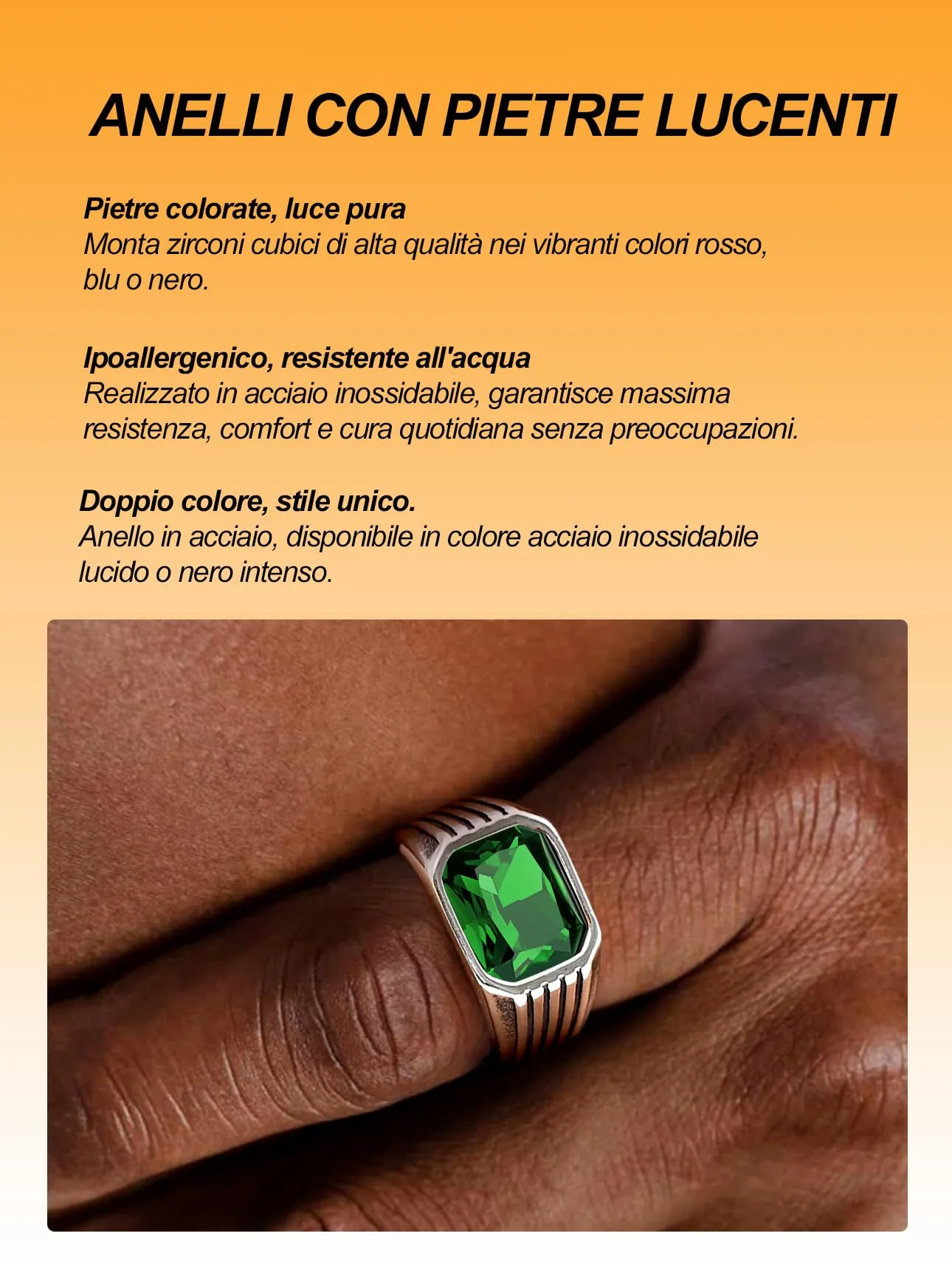 Bestyle Anello in Acciaio Inossidabile Uomo Argento con Pietra Smeraldo, Misura 27.5 (67.2mm) - immagine 4