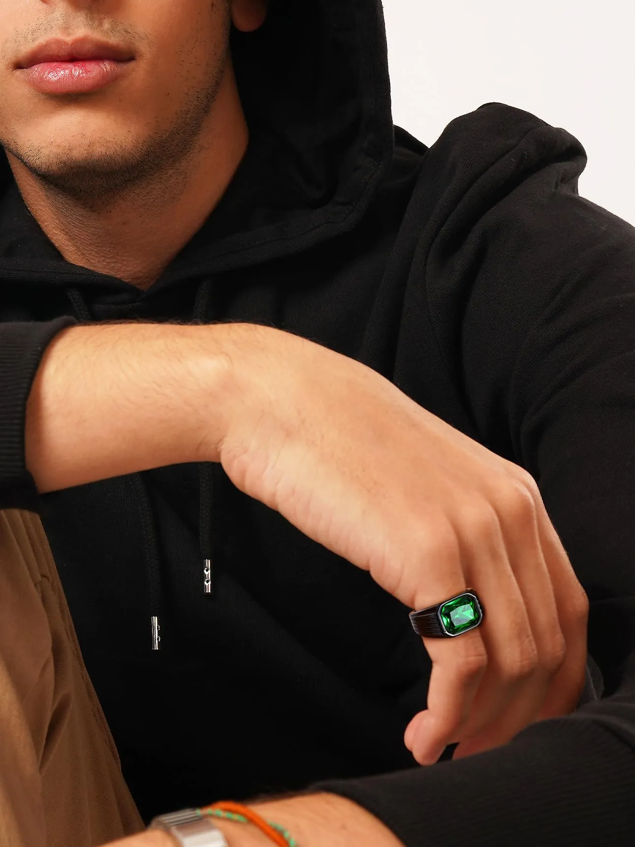Bestyle Anello in Acciaio Inossidabile Uomo, Nero con Pietra Smeraldo, Misura 19.75 (59.5mm) - immagine 5