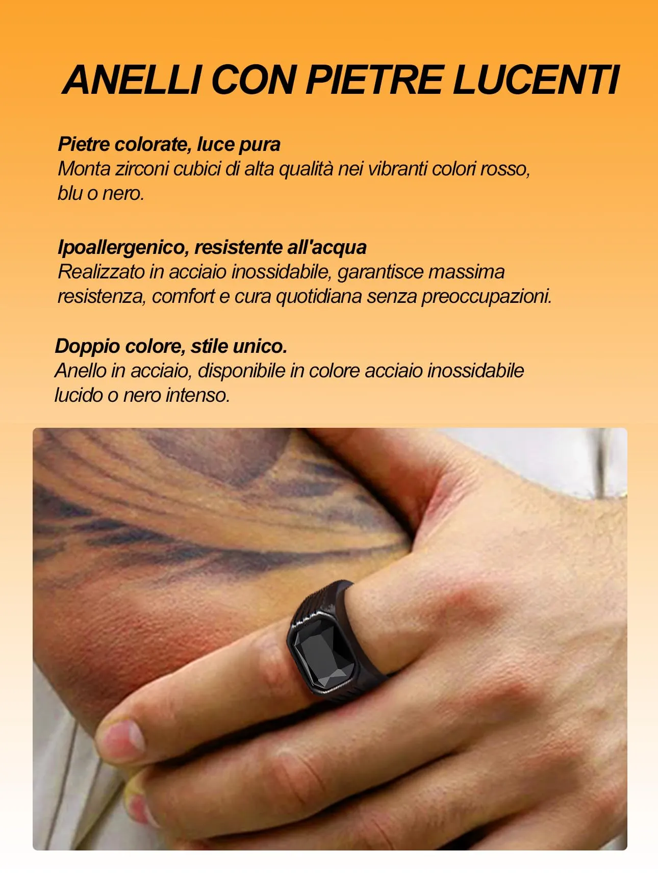 Bestyle Anello in Acciaio Inossidabile Nero con Pietra Onice Nero, Misura IT 32.5 (Circonferenza 72.3mm) - immagine 4