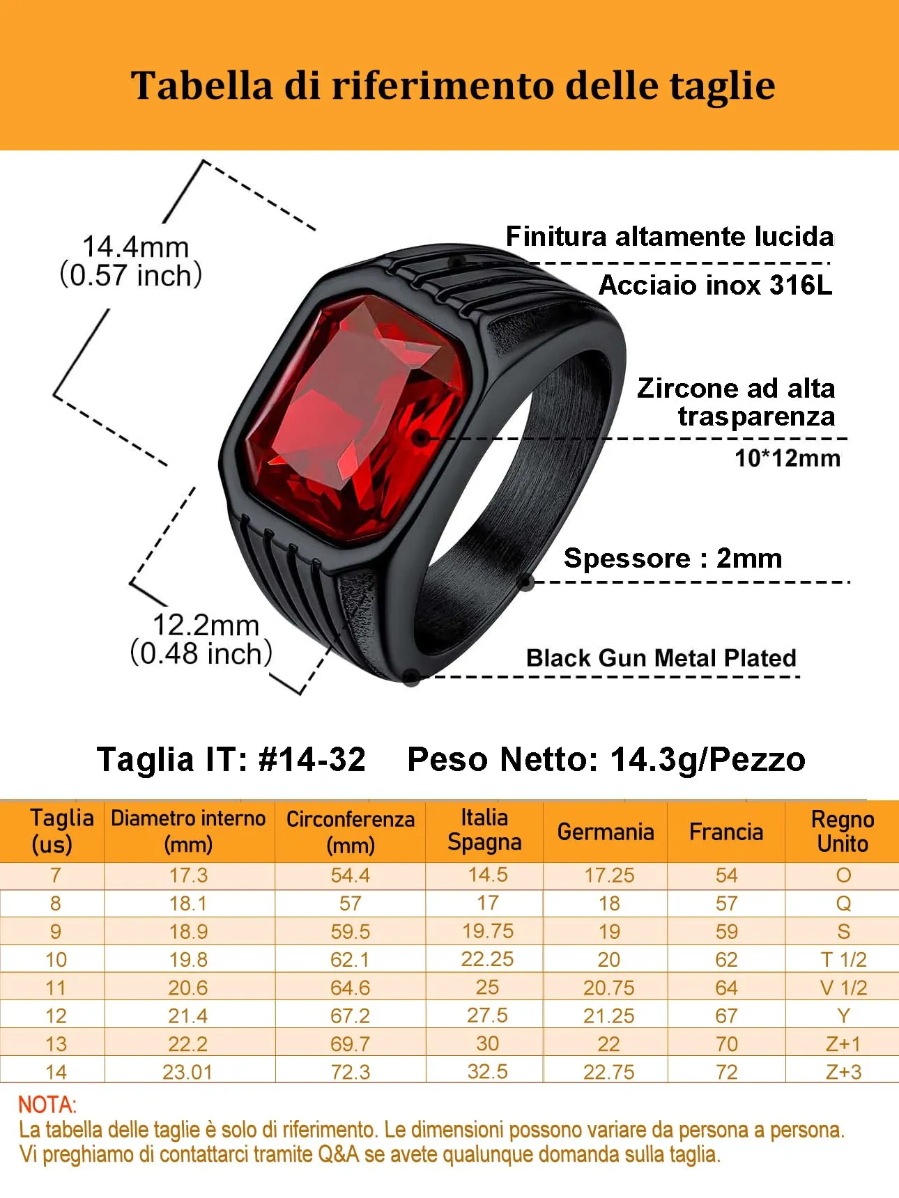 Bestyle Anello in Acciaio Inossidabile Nero con Pietra Rubino, Misura 25 (64.6mm) - immagine 4