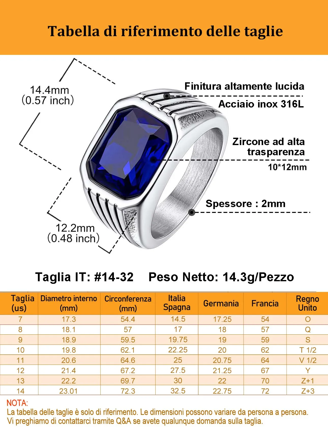 Bestyle Anello in Acciaio Inossidabile con Pietra Zaffiro Argento, Misura IT 32.5 (72.3mm) - immagine 4