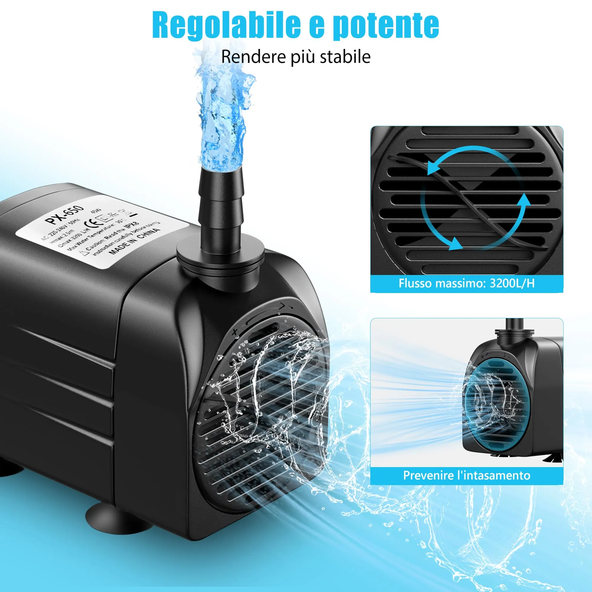 Lnicez Pompa ad Acqua Sommergibile 45W 3200L/H con 4 Ugelli e Cavo 1.8m per Acquario, Laghetto, Idroponica e Fontane - immagine 2