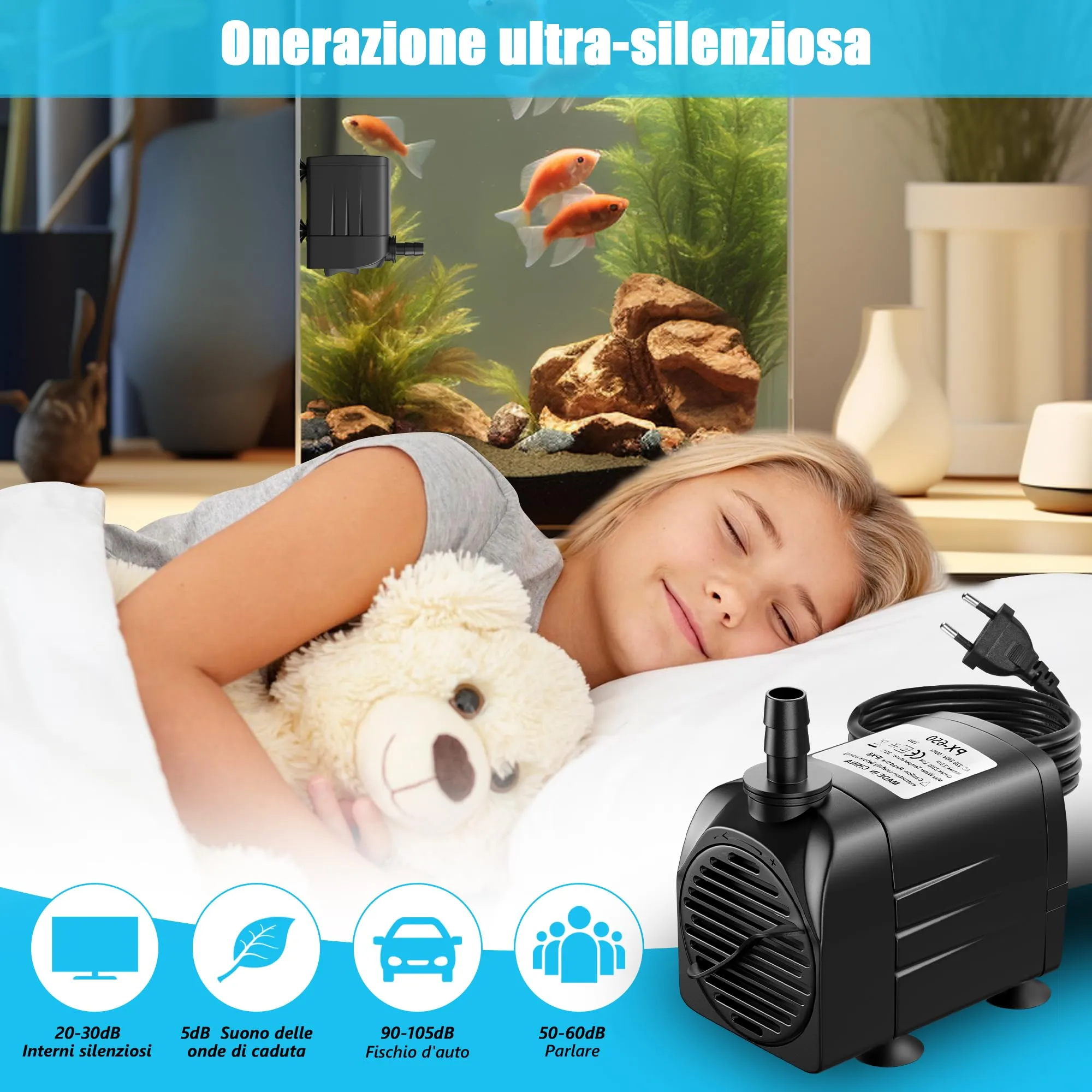 Lnicez Pompa ad Acqua Sommergibile 45W 3200L/H con 4 Ugelli e Cavo 1.8m per Acquario, Laghetto, Idroponica e Fontane - immagine 4