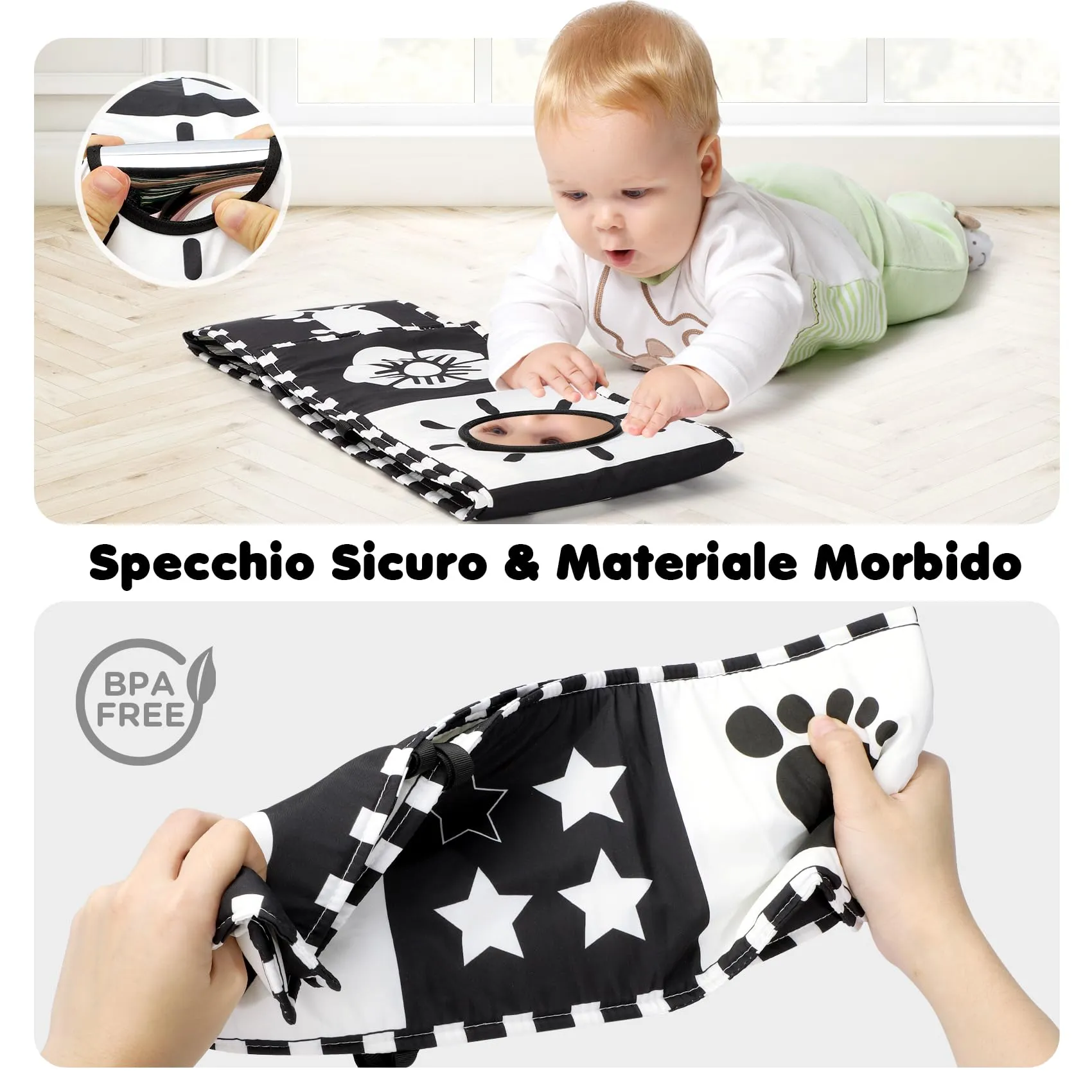 URMYWO Libro Sensoriale Neonati per Tummy Time, Bianco e Nero - immagine 2