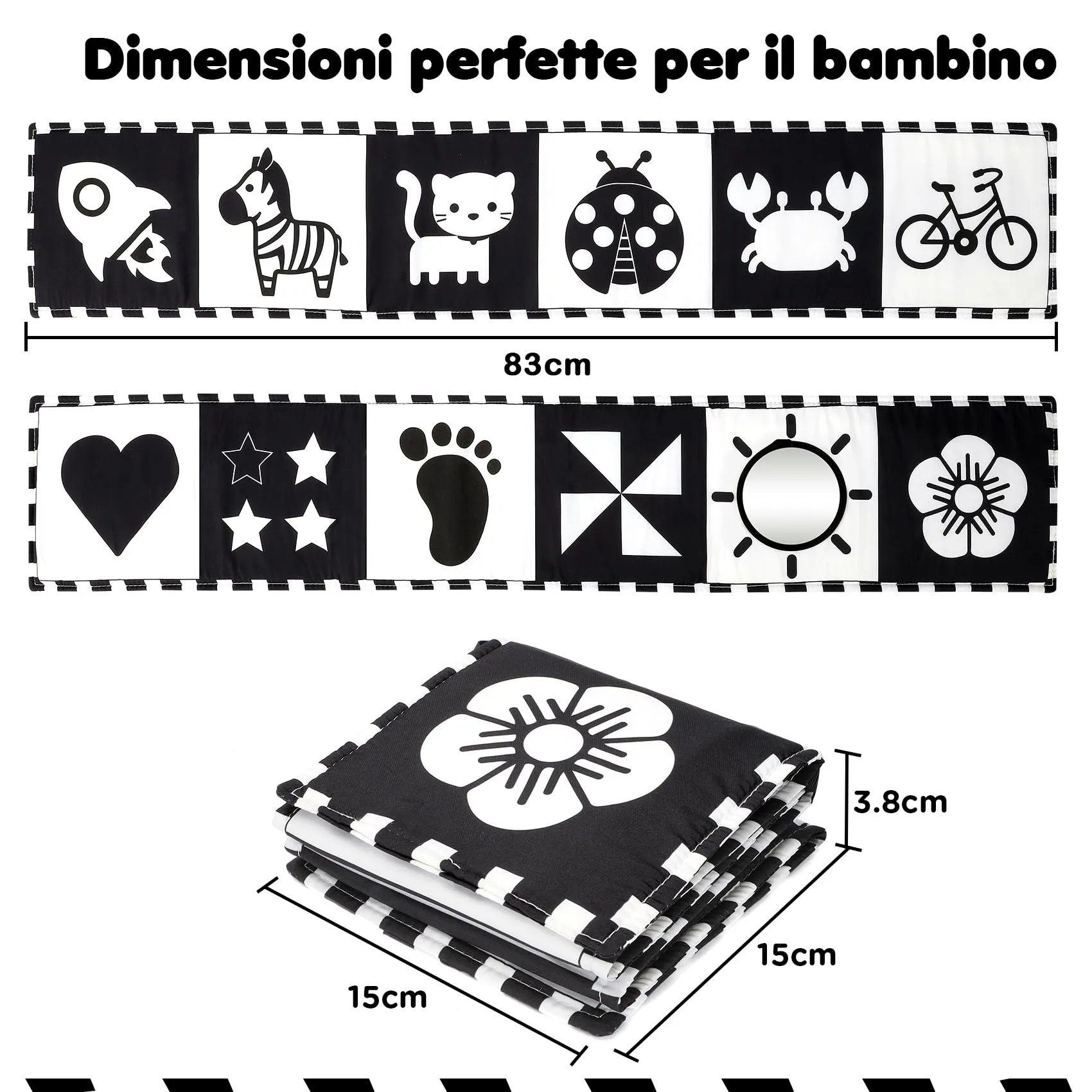 URMYWO Libro Sensoriale Neonati per Tummy Time, Bianco e Nero - immagine 3
