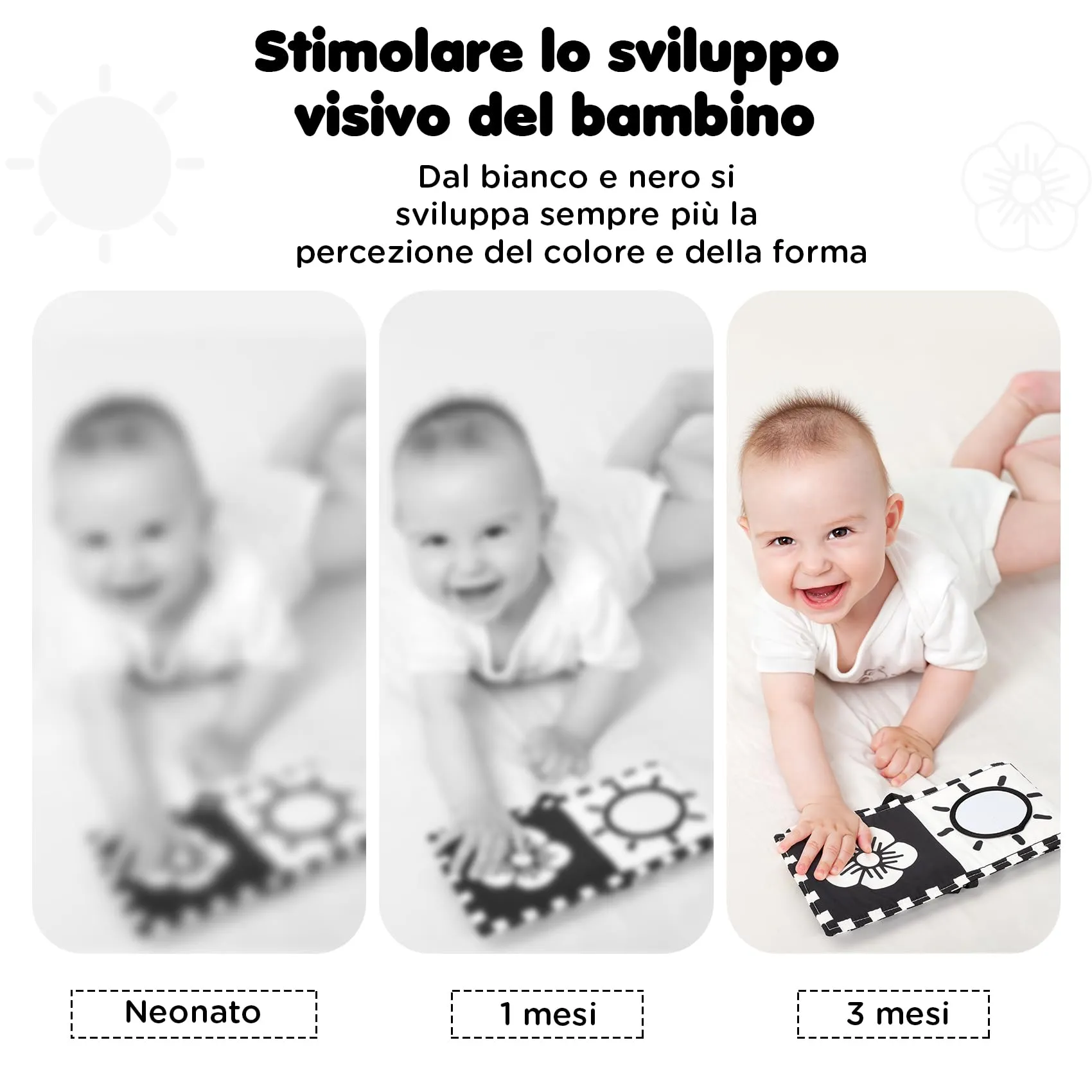 URMYWO Libro Sensoriale Neonati per Tummy Time, Bianco e Nero - immagine 5