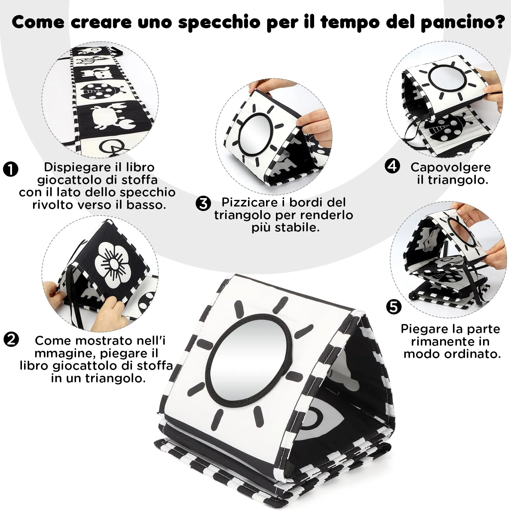 URMYWO Libro Sensoriale Neonati per Tummy Time, Bianco e Nero - immagine 6