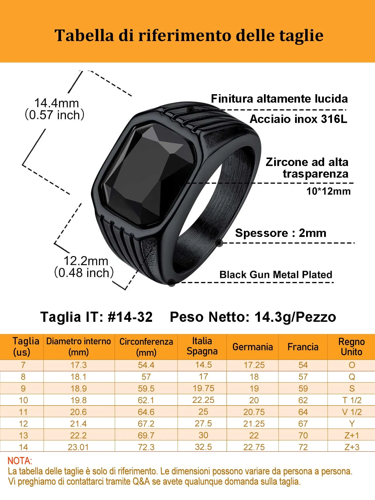 Bestyle Anello in Acciaio Inossidabile Uomo Nero con Pietra Onice Nero, Misura IT 22.25 (Circonferenza 62.1mm) - immagine 3