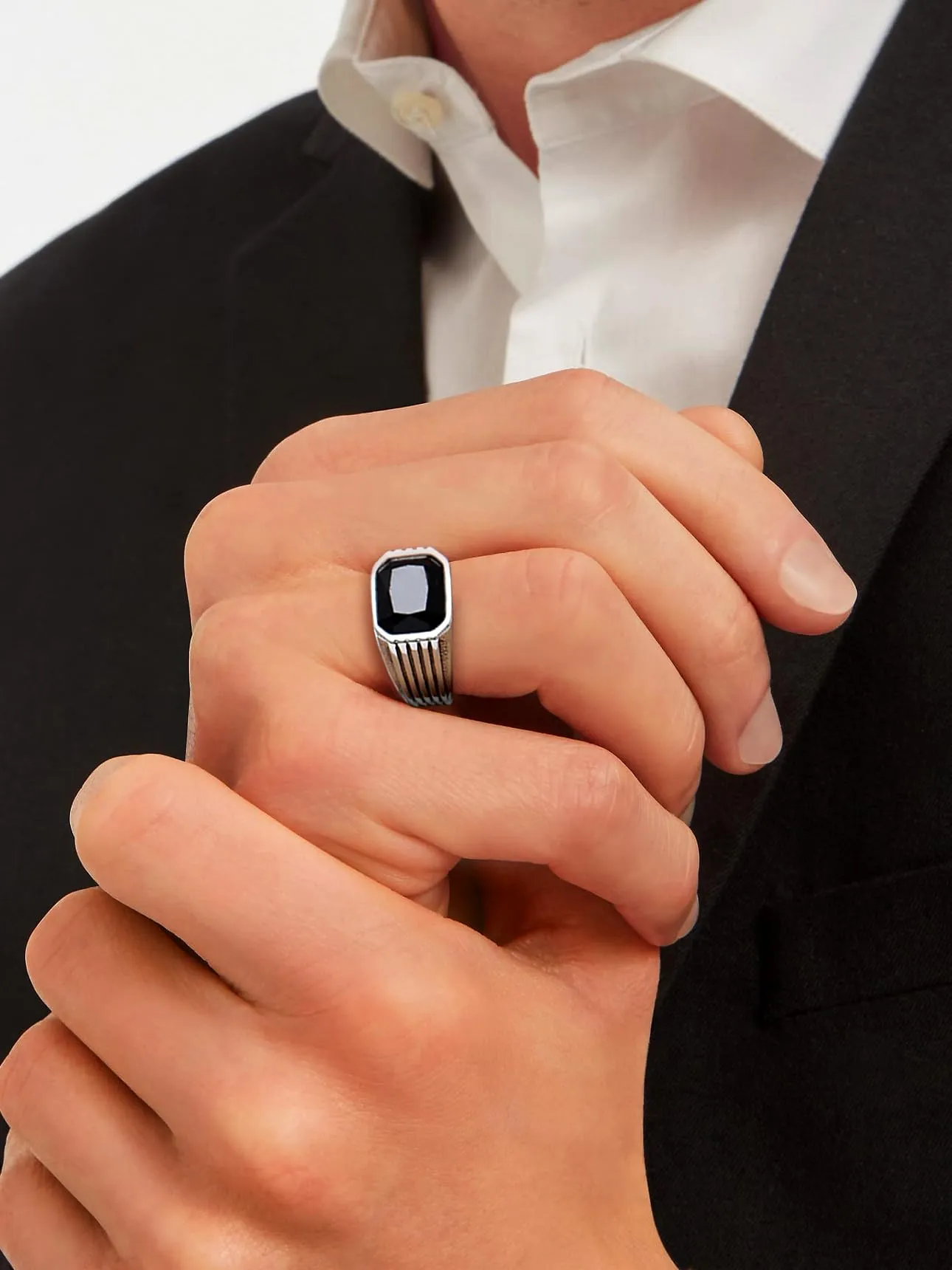 Bestyle Anello in Acciaio Inossidabile con Onice Nero, Argento, Misura 22.25 (62.1mm) - immagine 2