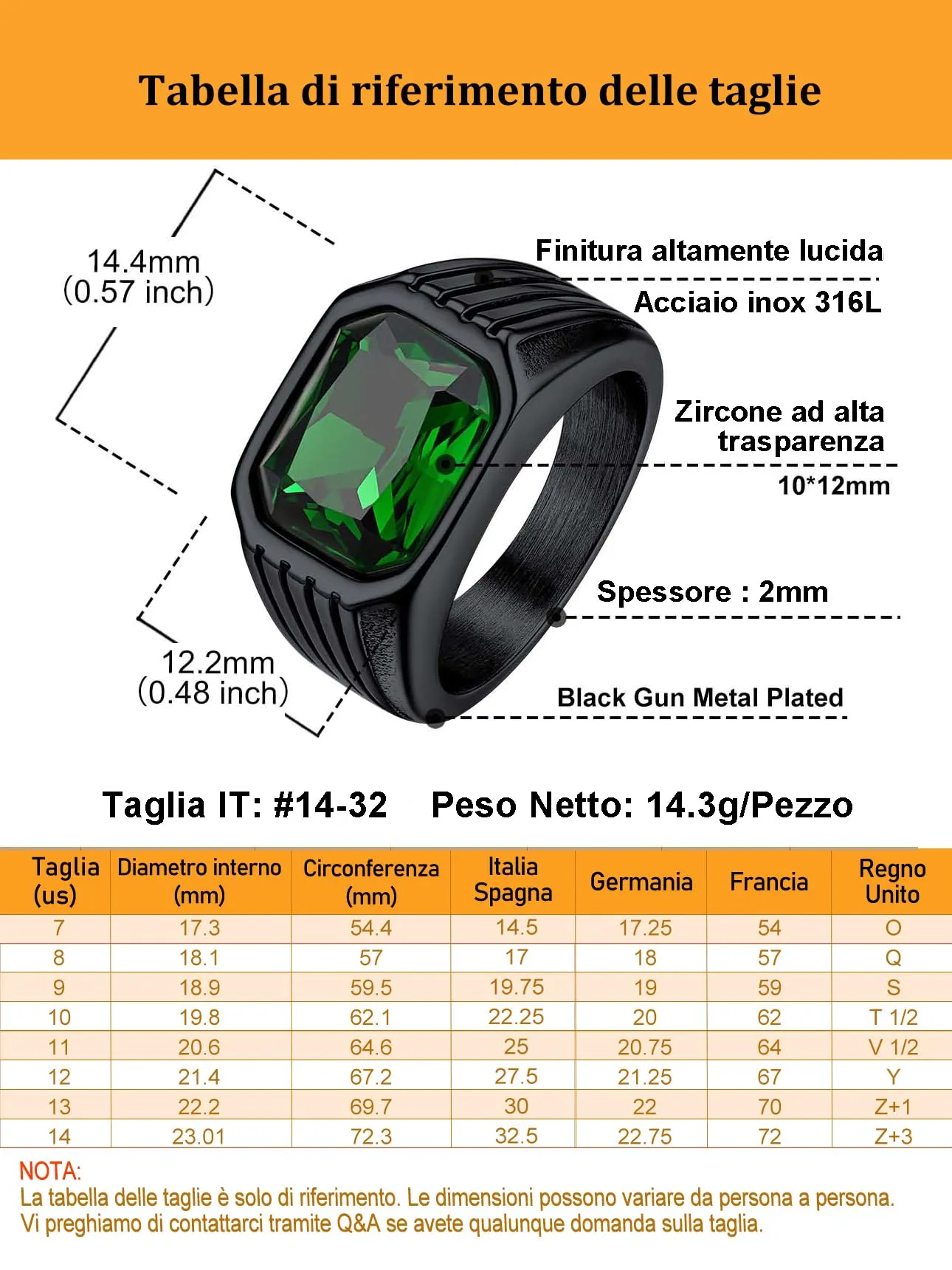 Bestyle Anello in Acciaio Inossidabile Nero con Pietra Smeraldo per Uomo, Misura 17 (57mm) - immagine 4