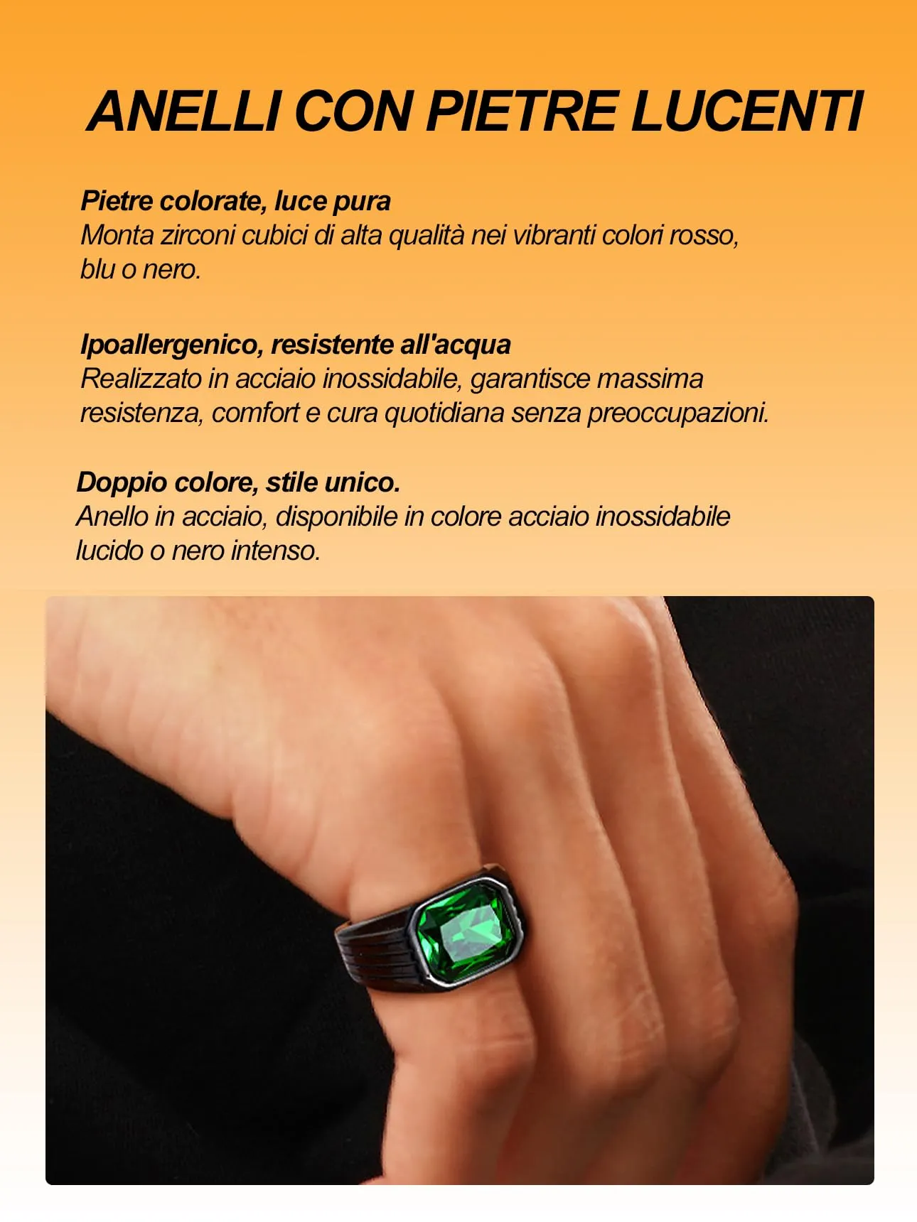 Bestyle Anello in Acciaio Inossidabile Nero con Pietra Smeraldo per Uomo, Misura 17 (57mm) - immagine 7