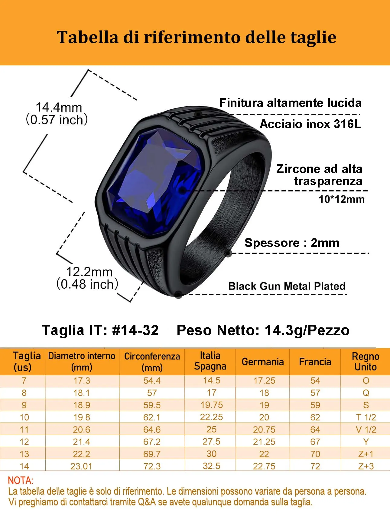 Bestyle Anello in Acciaio Inossidabile per Uomo, Nero con Pietra Zaffiro, Misura IT 14.5 (Circonferenza 54.4mm) - immagine 4