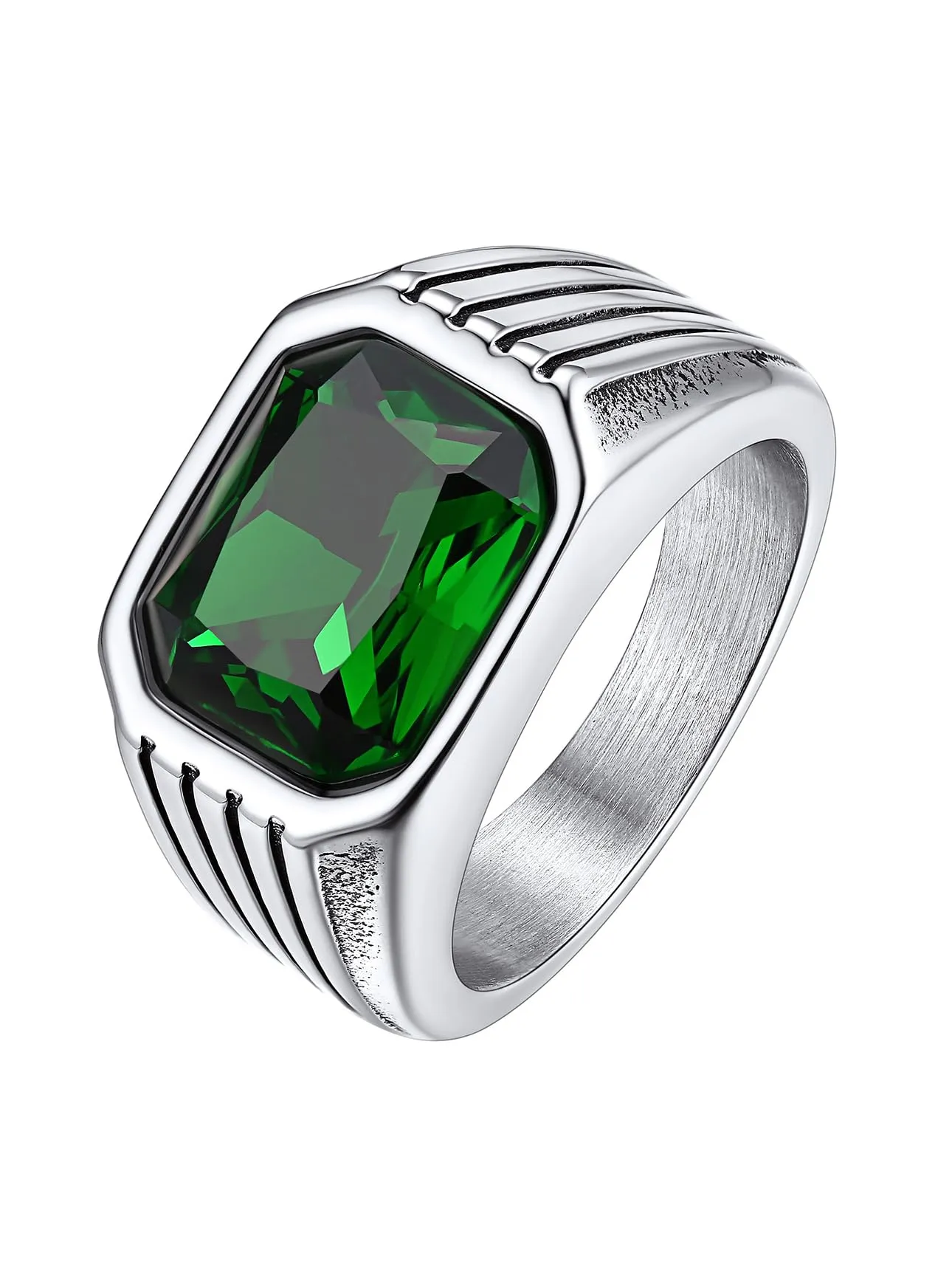 Bestyle Anello in Acciaio Inossidabile Argento con Pietra Smeraldo, Misura IT 25 (64.6mm) - immagine 1