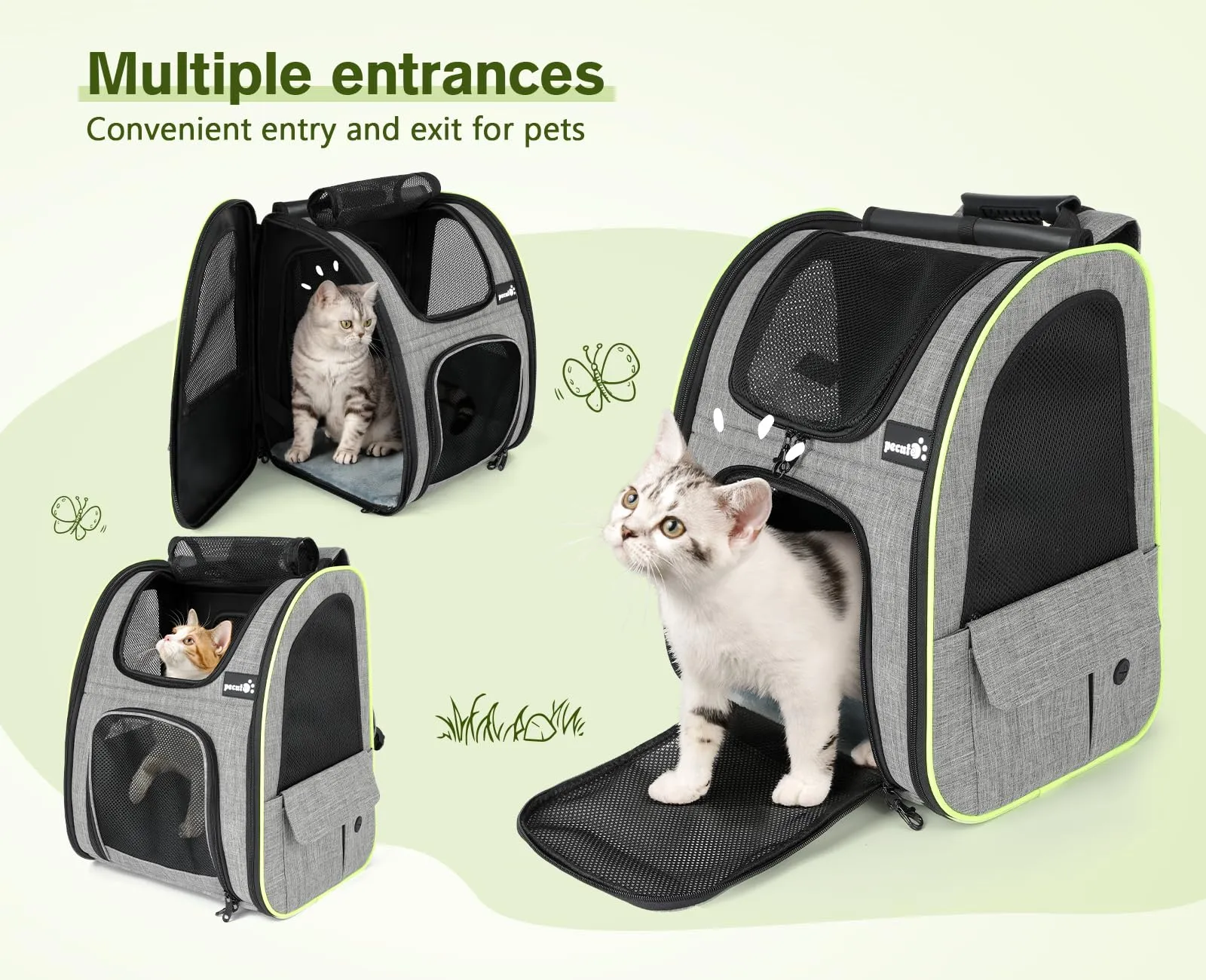 Pecute Zaino per Gatto Pieghevole con Finestra a Rete e Tenda Superiore, Panno Oxford Impermeabile, Grigio, L - immagine 6