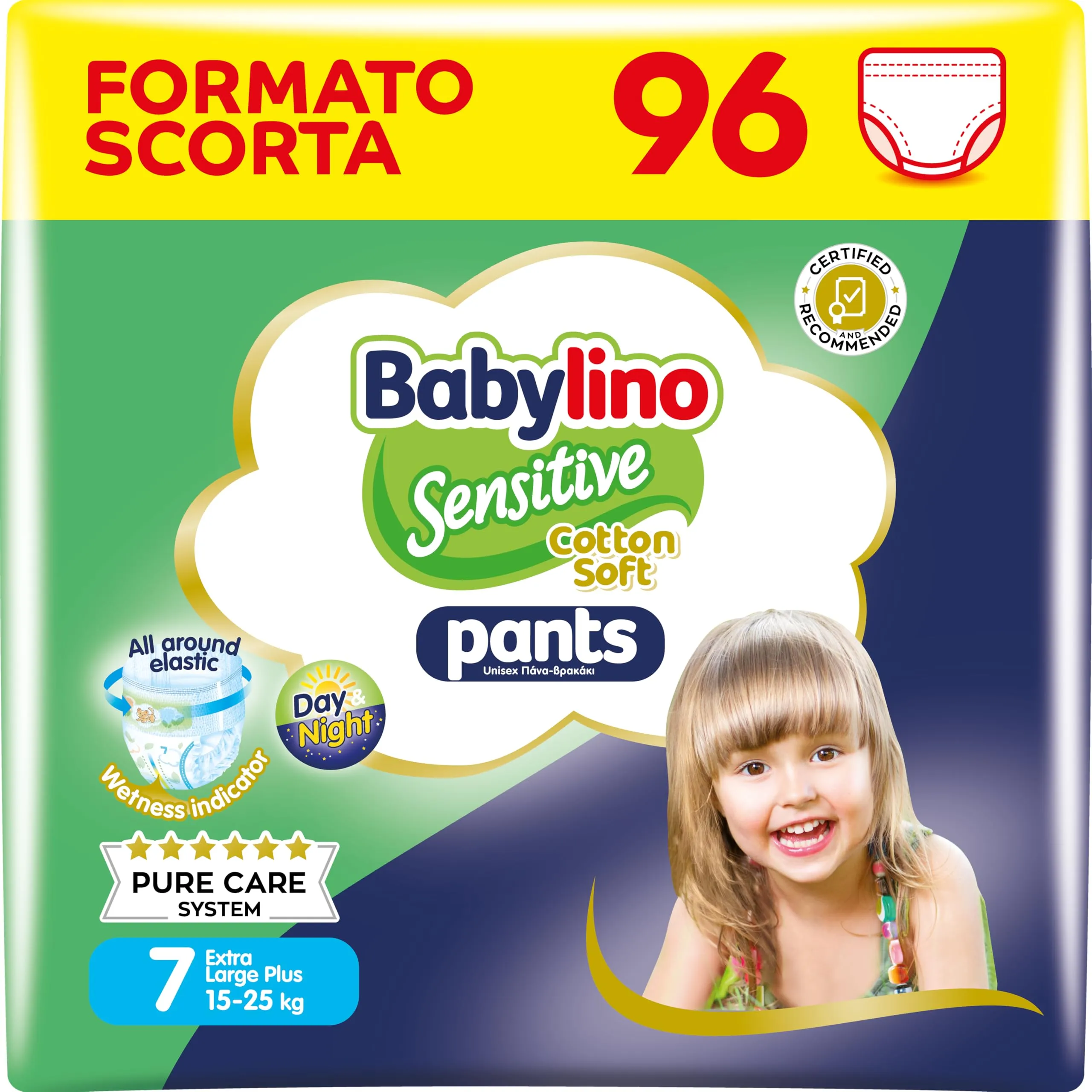 Babylino Sensitive Cotton Soft Pannolini Mutandina Taglia 7, Pants XL Plus (15-25 Kg), 96 Unità - immagine 1