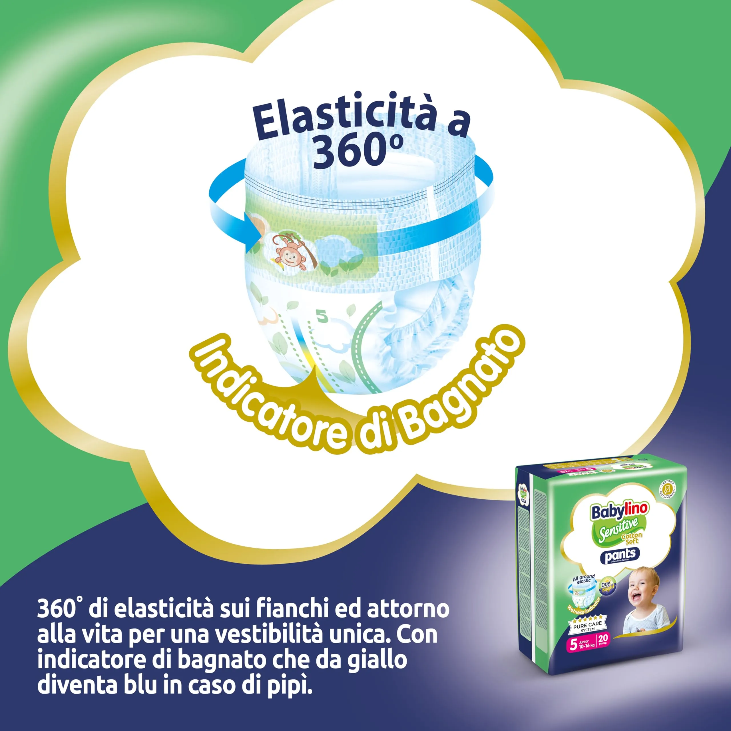Babylino Sensitive Cotton Soft Pannolini Mutandina Taglia 5 Pants Junior 10-16kg, 120 Unità - immagine 2