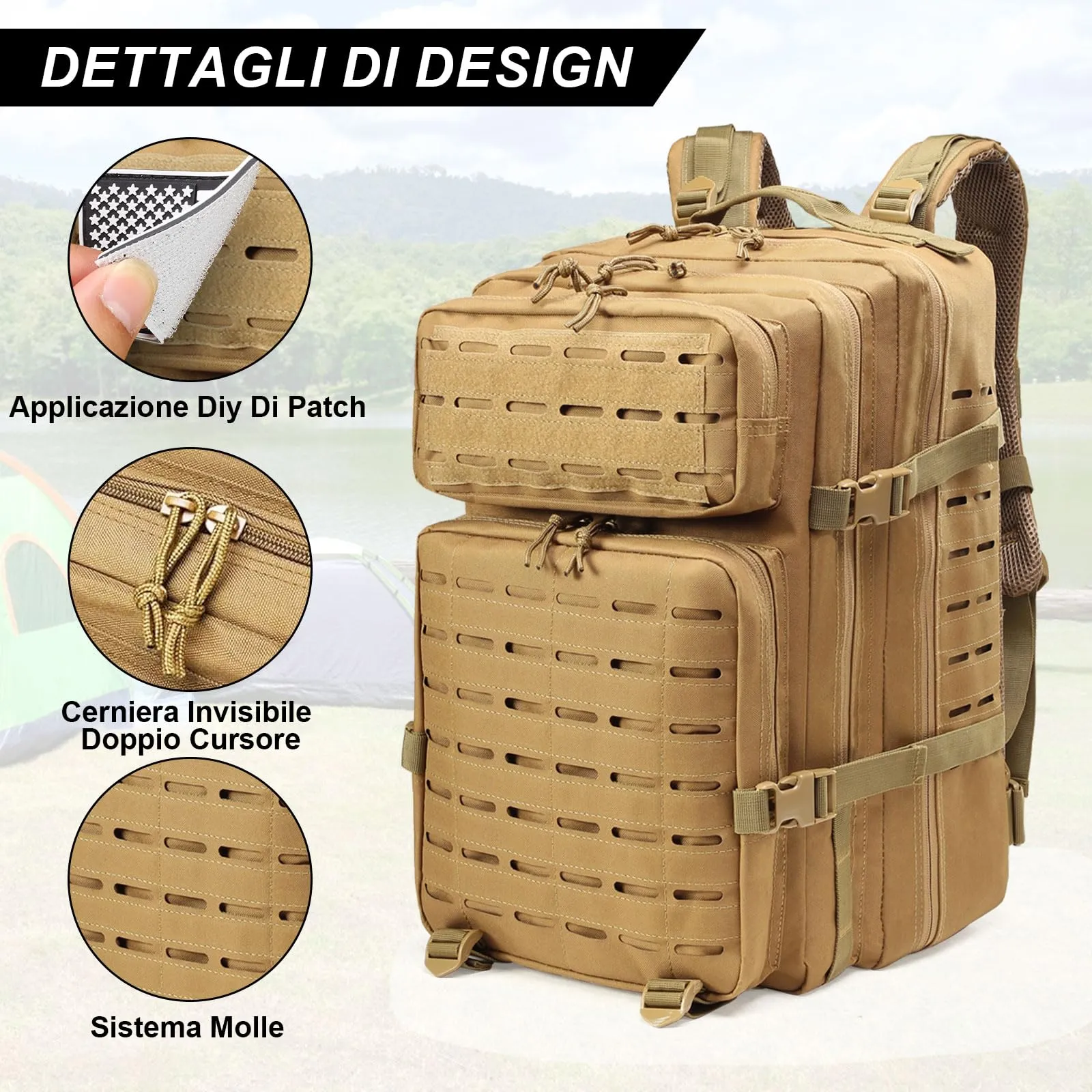 SHANNA Zaino Tattico Militare 45 Litri Impermeabile con Sistema Molle per Hiking, Campeggio e Trekking - immagine 2