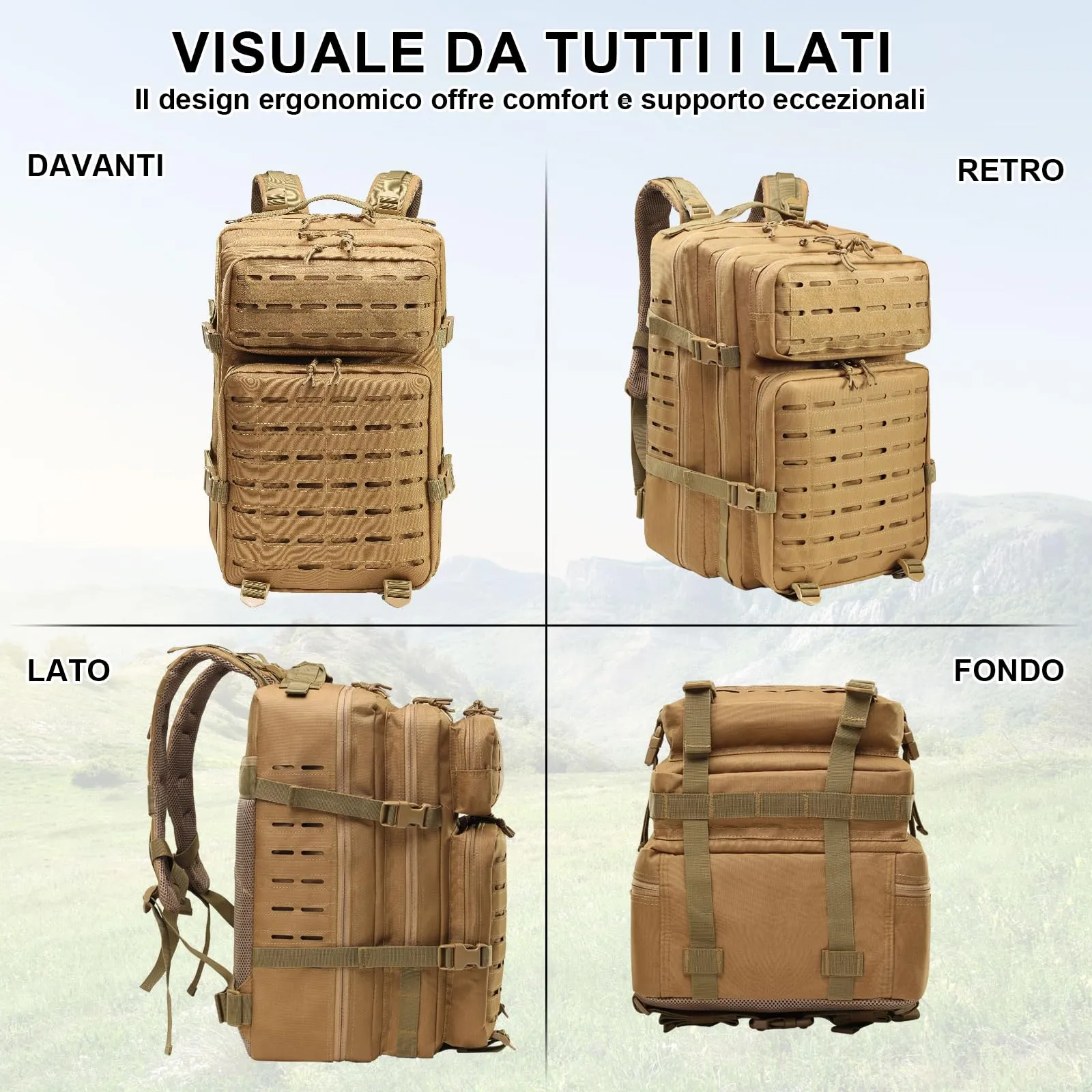 SHANNA Zaino Tattico Militare 45 Litri Impermeabile con Sistema Molle per Hiking, Campeggio e Trekking - immagine 3