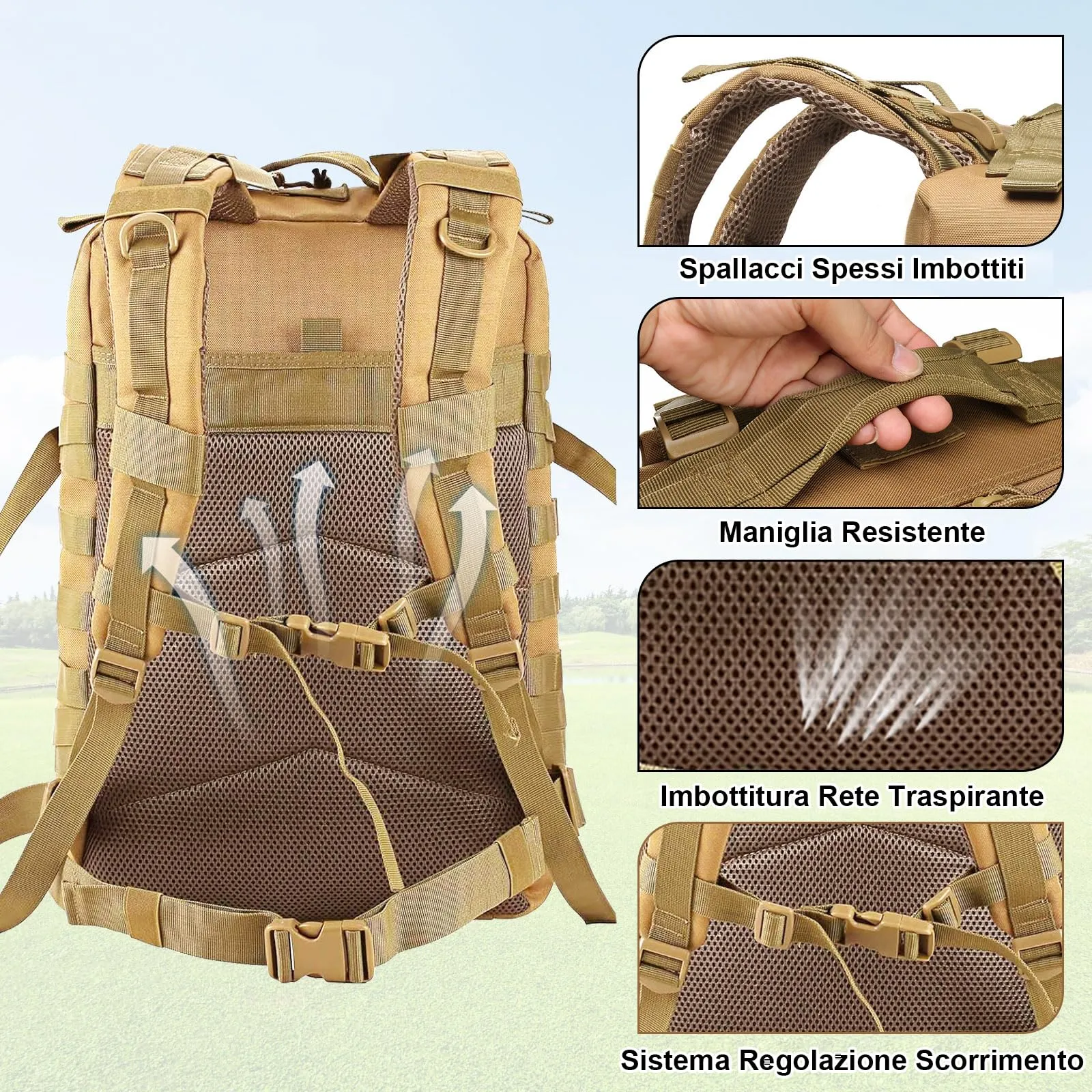 SHANNA Zaino Tattico Militare 45 Litri Impermeabile con Sistema Molle per Hiking, Campeggio e Trekking - immagine 4