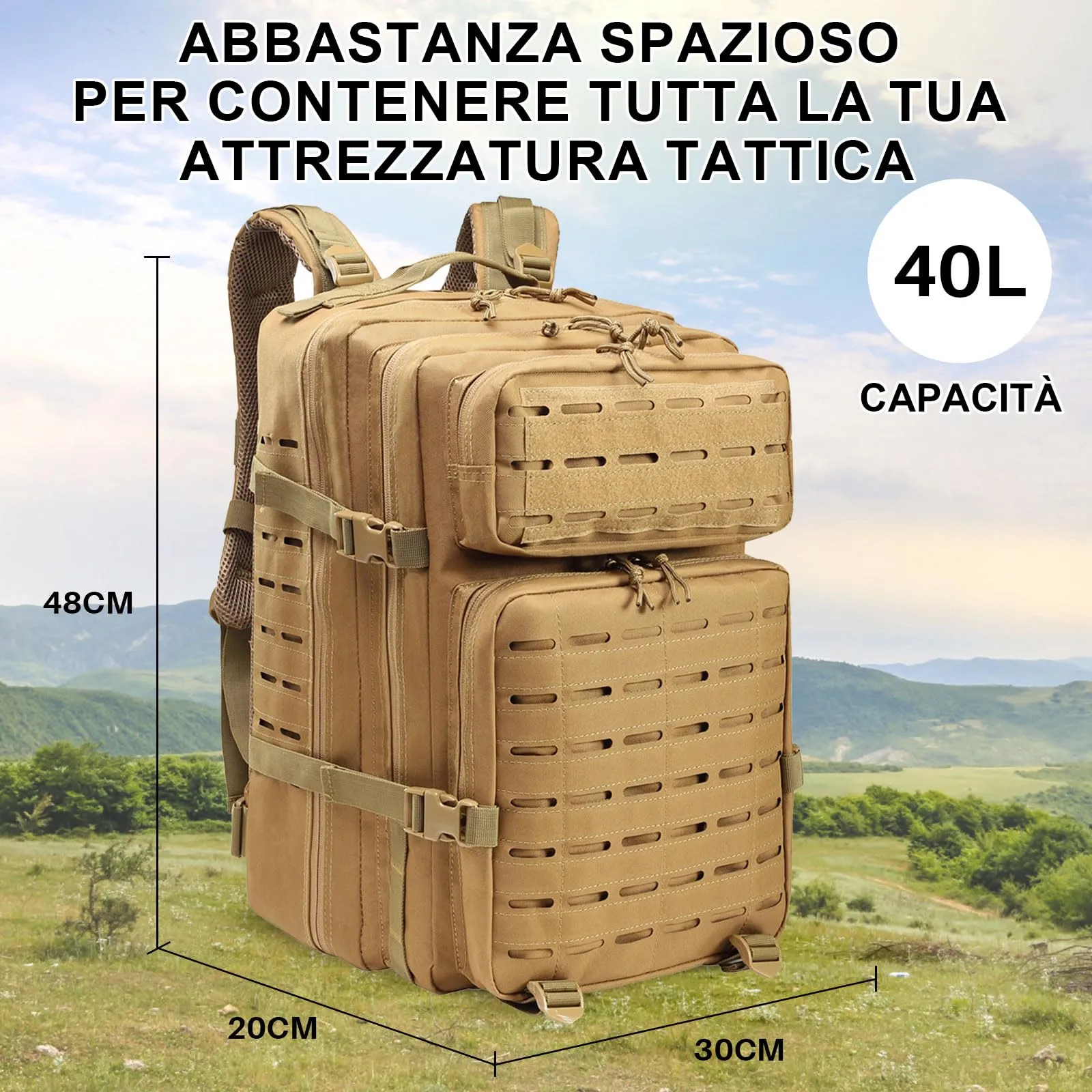 SHANNA Zaino Tattico Militare 45 Litri Impermeabile con Sistema Molle per Hiking, Campeggio e Trekking - immagine 5