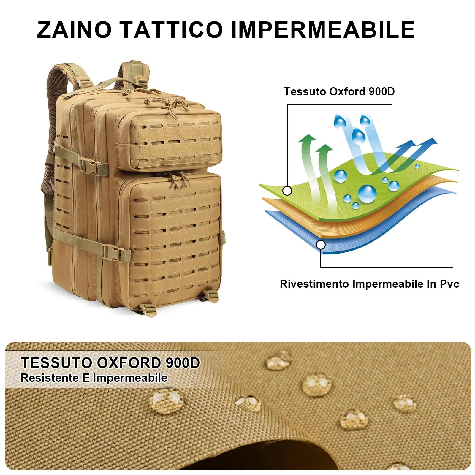 SHANNA Zaino Tattico Militare 45 Litri Impermeabile con Sistema Molle per Hiking, Campeggio e Trekking - immagine 6
