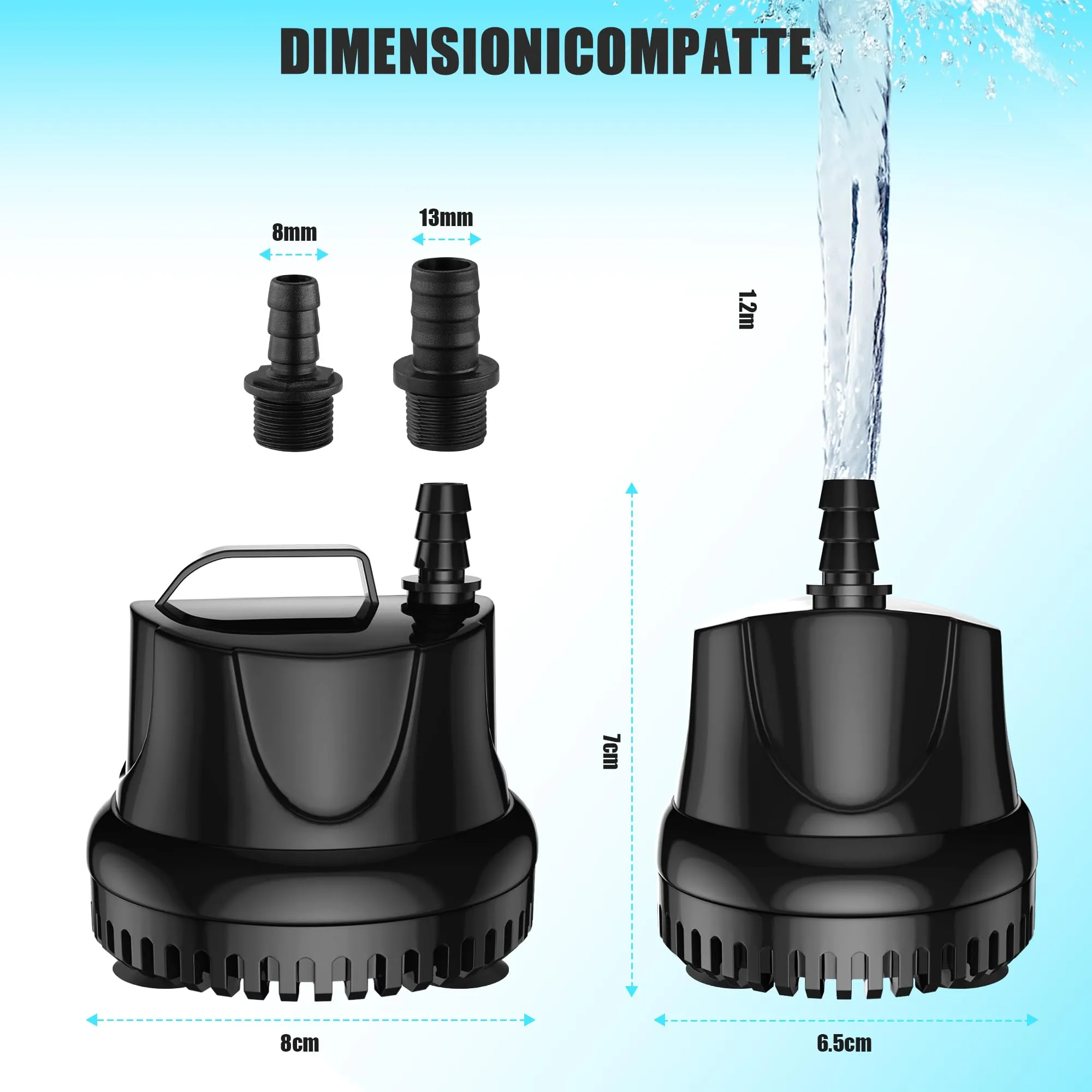 Lnicez Pompa ad Acqua Sommergibile 15W 800L/H per Acquario, Laghetto e Fontana con Tubo 1m e 2 Ugelli - immagine 6