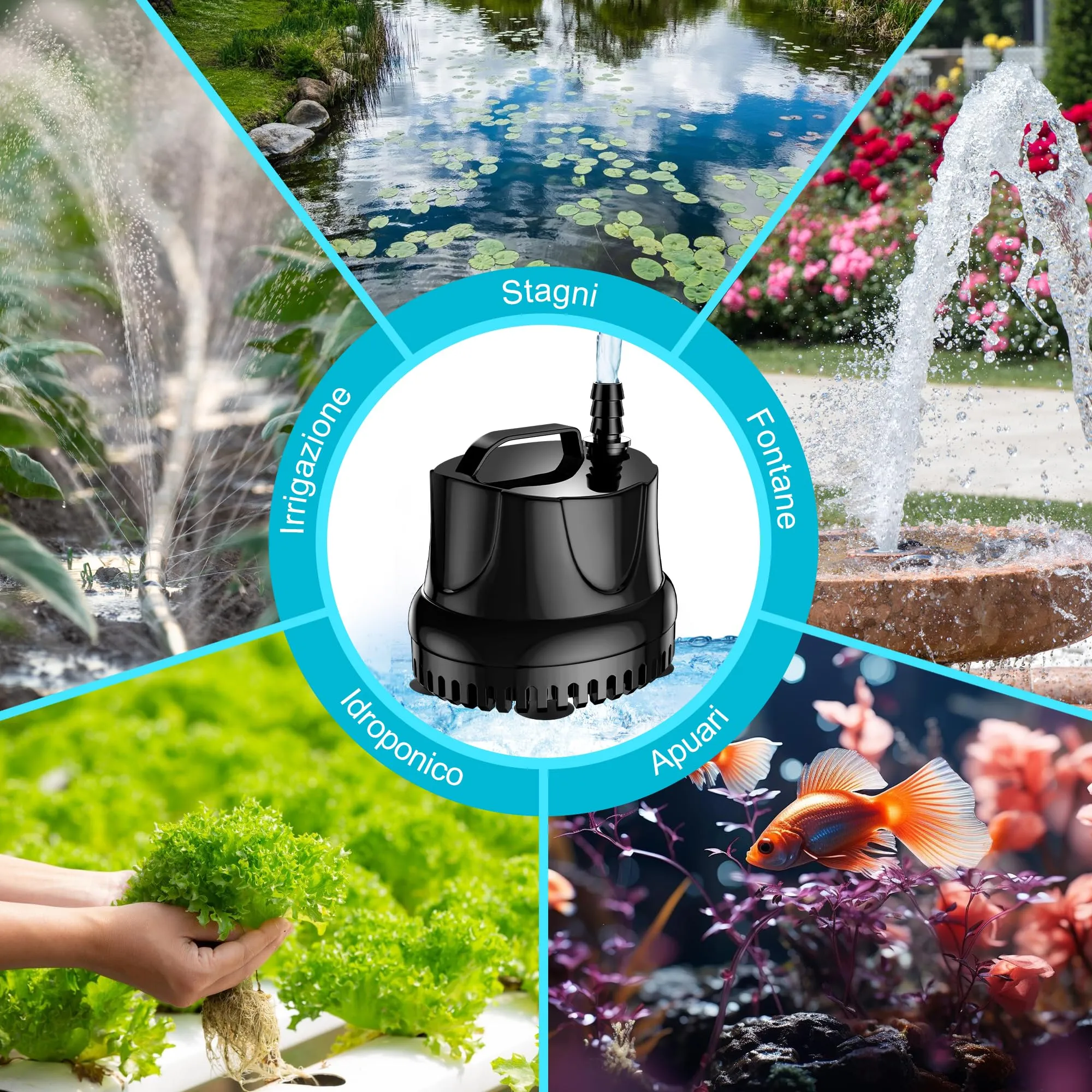 Lnicez Pompa ad Acqua Sommergibile 15W 800L/H per Acquario, Laghetto e Fontana con Tubo 1m e 2 Ugelli - immagine 7
