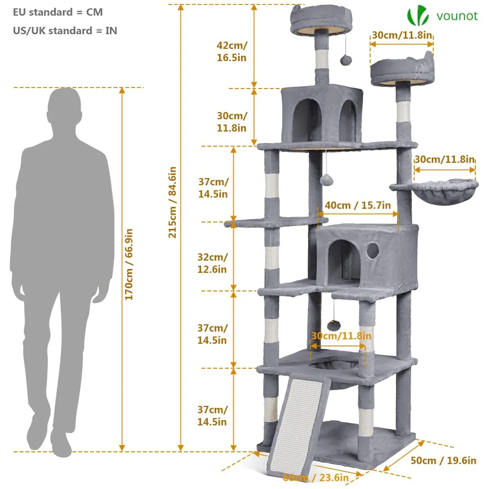 VOUNOT Castello per Gatti XXL con Tiragraffi, 215cm, Grigio - immagine 3